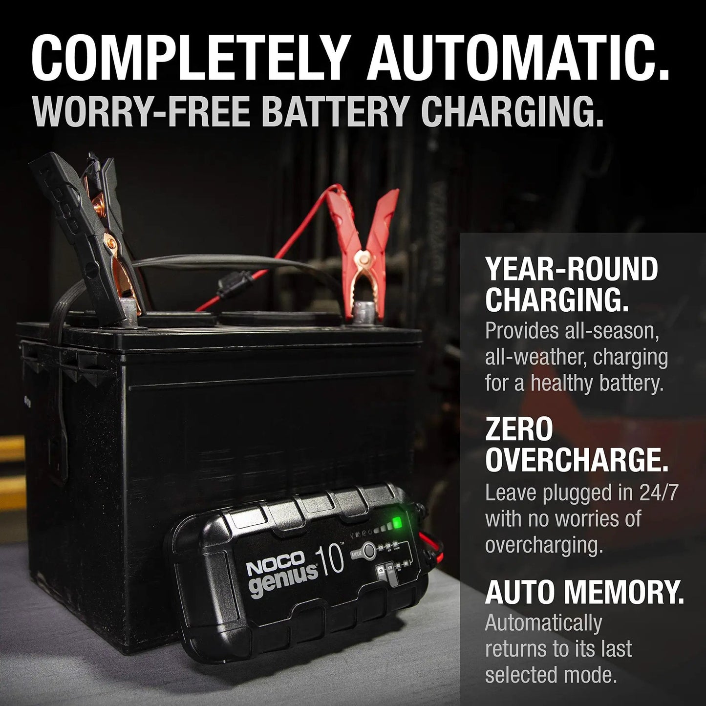 NOCO Genius10 All In One 10 Amp 6 Volt 12 Volt Smart Battery Charger Maintainer Desulfator with battery and cables.