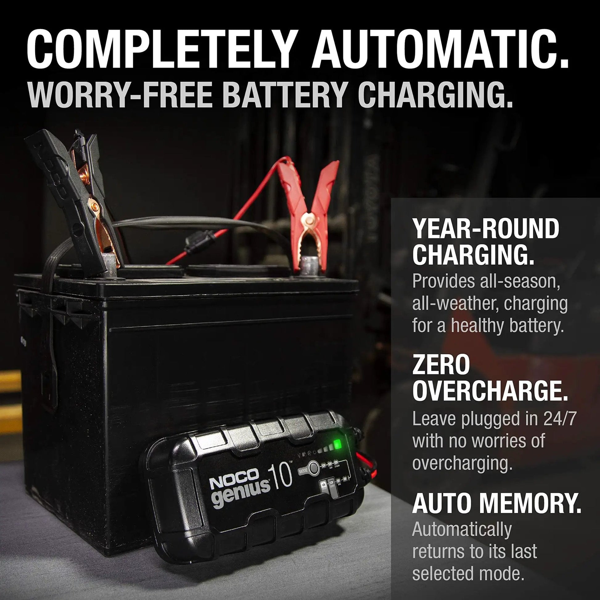 NOCO Genius10 All In One 10 Amp 6 Volt 12 Volt Smart Battery Charger Maintainer Desulfator with battery and cables.