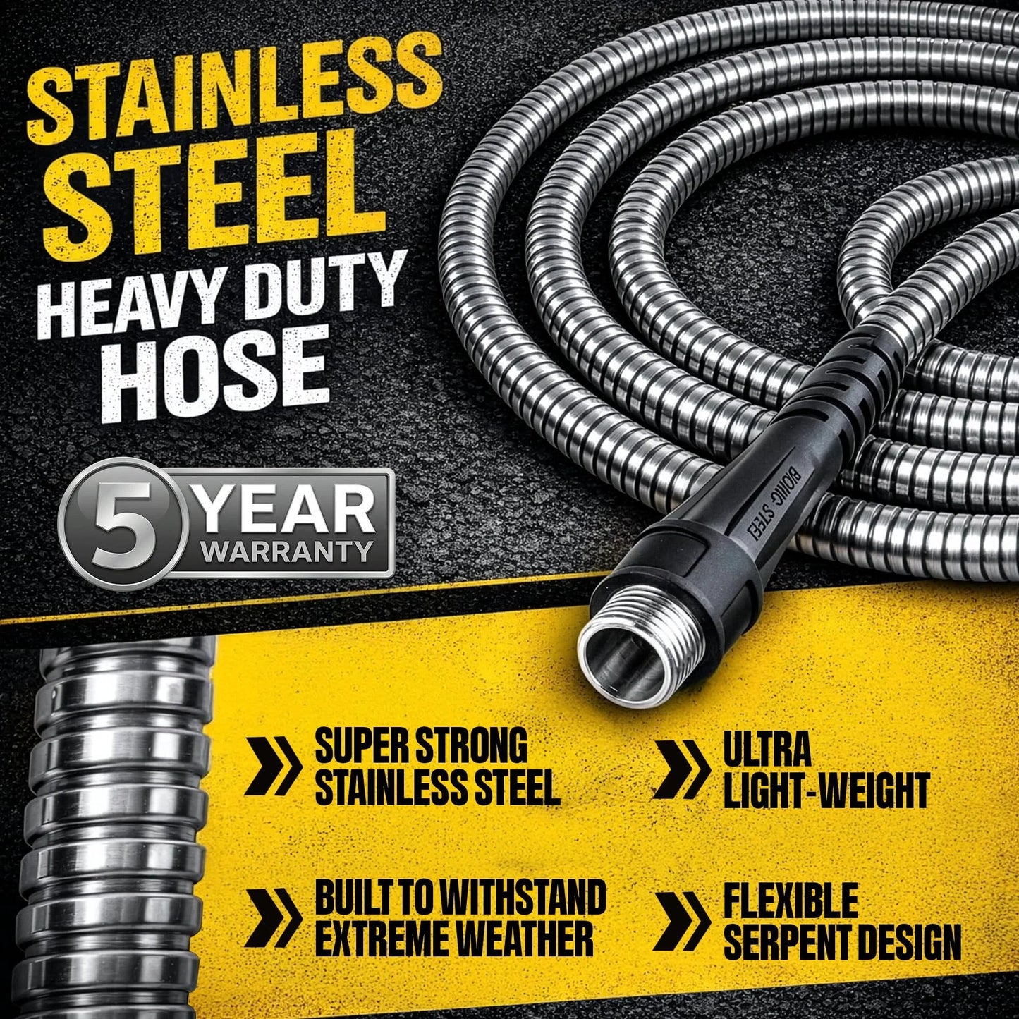 Ultra Durable 50 Ft Five Eighth Inch Stainless Steel Garden Hose With Sprayer Nozzle For Heavy Duty Watering, Non Kinking Design