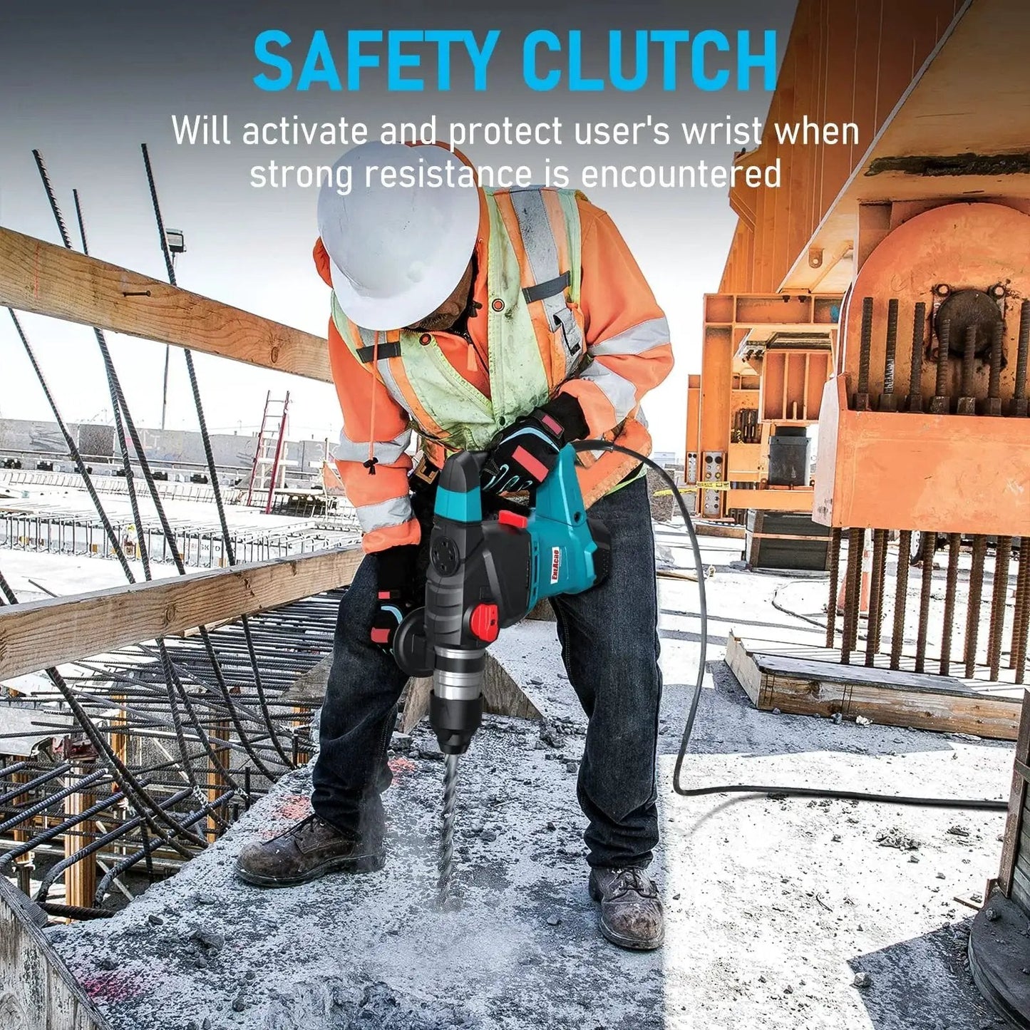 Worker using Heavy Duty One And A Quarter Inch SDS Plus Rotary Hammer Drill With 12.5 Amp Motor on construction site