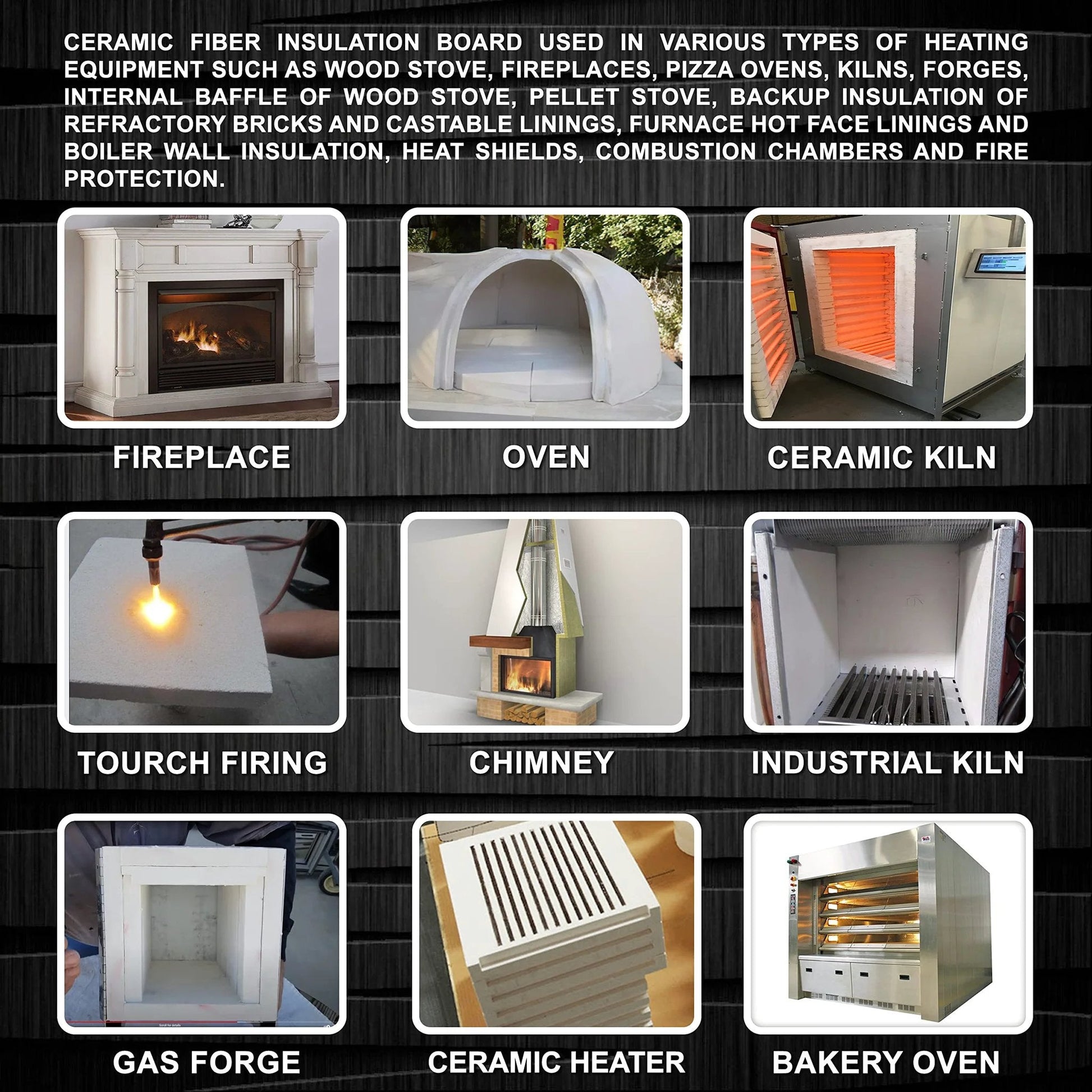Applications of Ceramic Fiber Insulation Board 2300F 1 Inch By 18 Inch By 24 Inch in fireplaces, kilns, chimneys, ovens, forges, and heaters.