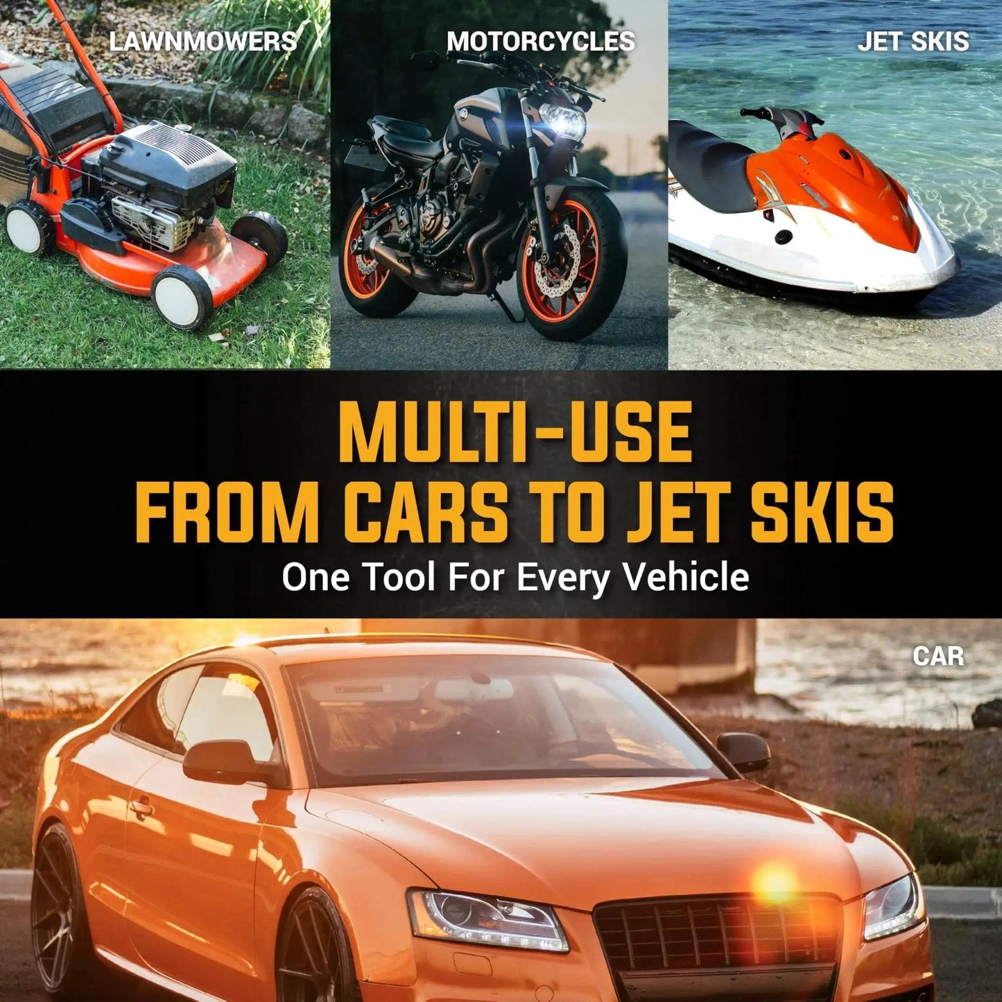 Collage of vehicles including lawnmower, motorcycle, jet ski, and car, showcasing versatility for 6.5L Pneumatic And Manual Oil Extractor Pump For DIY Car Maintenance.