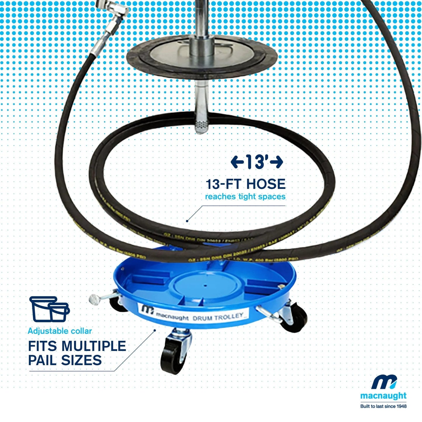 Legendary P3TR 50 To 1 Air Operated Grease Pump For 5 Gallon Buckets with 13-ft hose and adjustable trolley, Macnaught brand