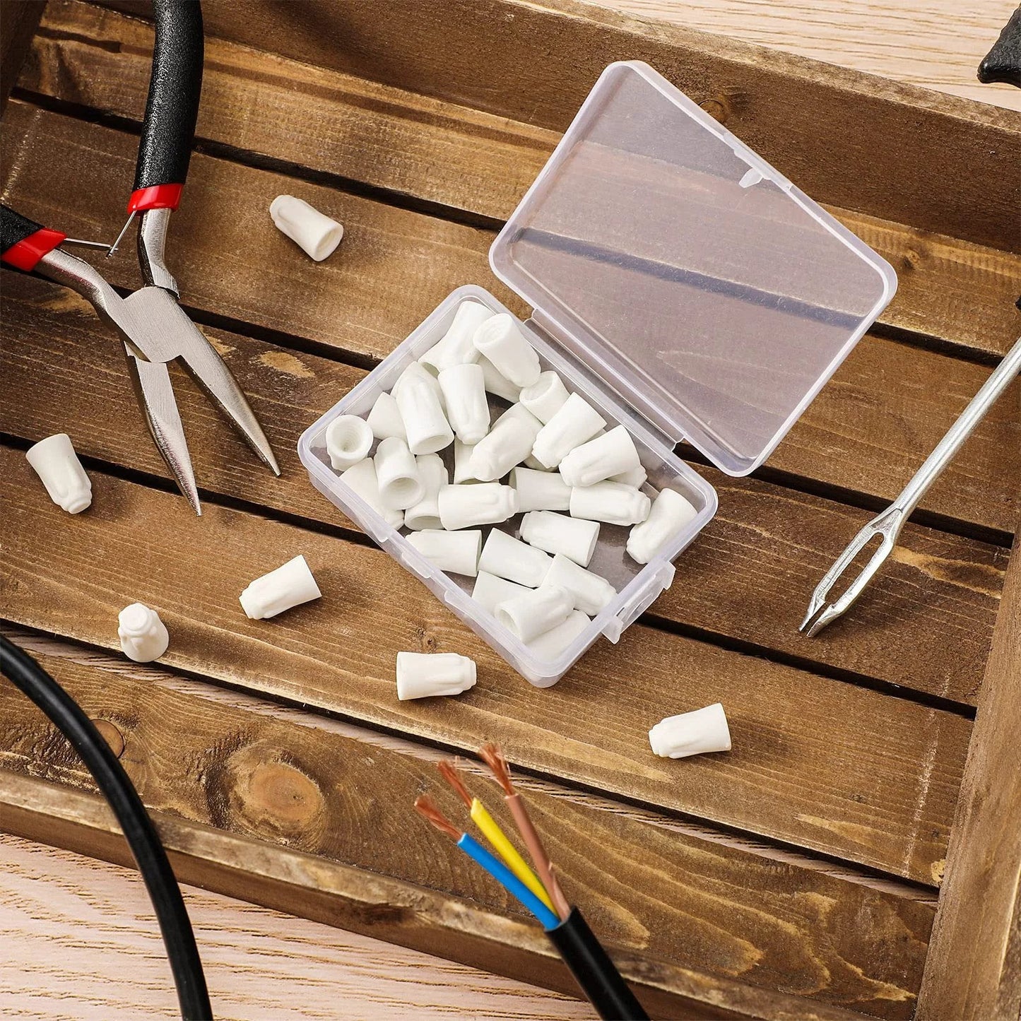 Ceramic Wire Connectors Set 36 Pcs Small 18-8 AWG High Temperature White Porcelain Twist Caps For Quick Electrical Repairs And Durable Splices Great For Automotive Home Wiring And Industrial Projects, shown with open container and scattered connectors.