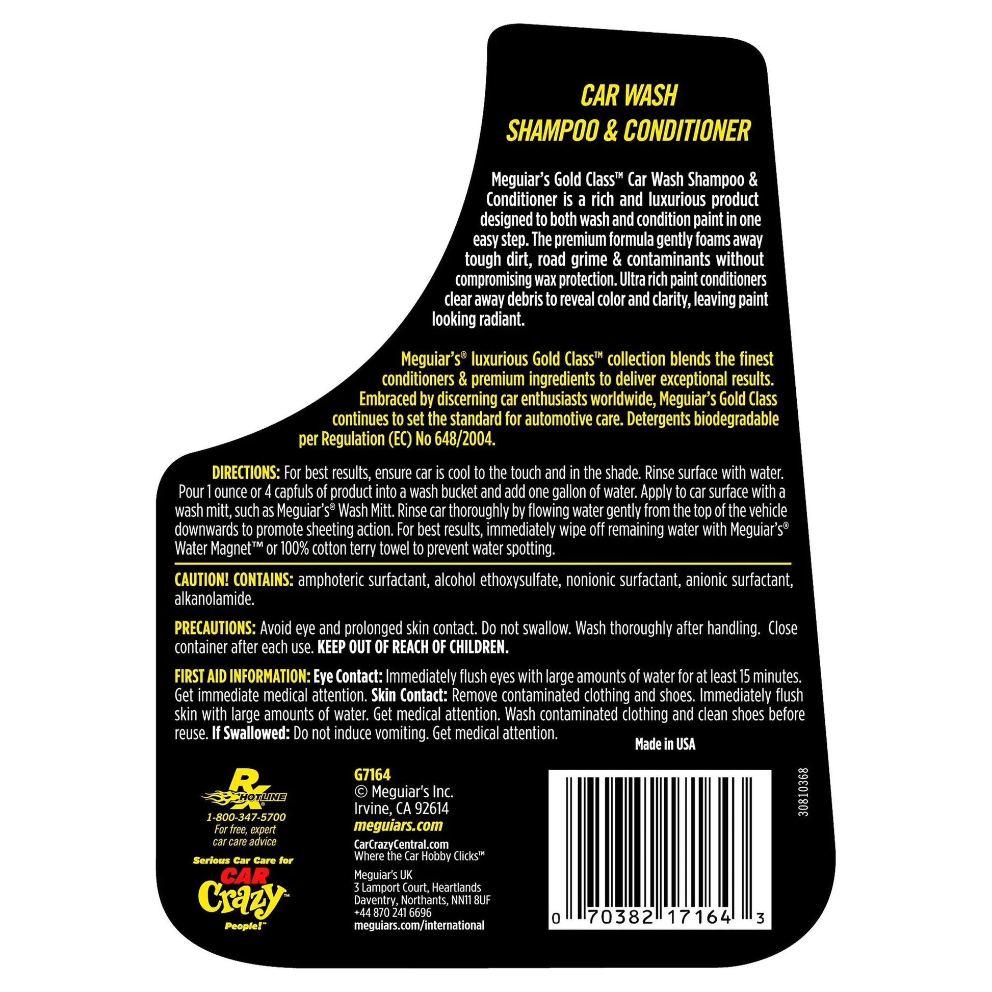 Back label of Meguiar's Gold Class 1.89L One Step Car Wash And Conditioner That Cleans And Conditions Without Stripping Wax.