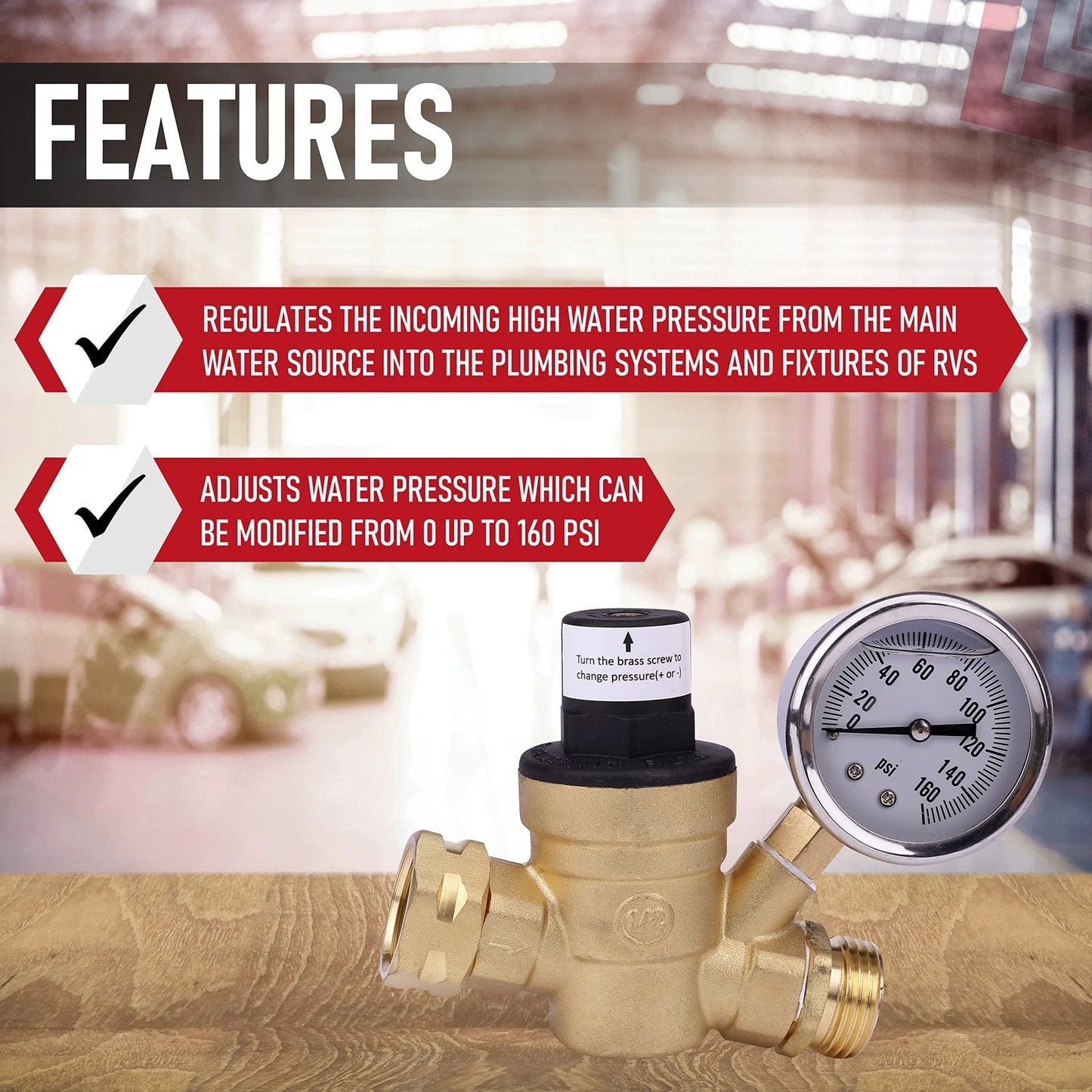 RV Water Pressure Regulator With Gauge, Adjustable From Zero To One Sixty PSI, Three Quarter Inch Brass Valve on display
