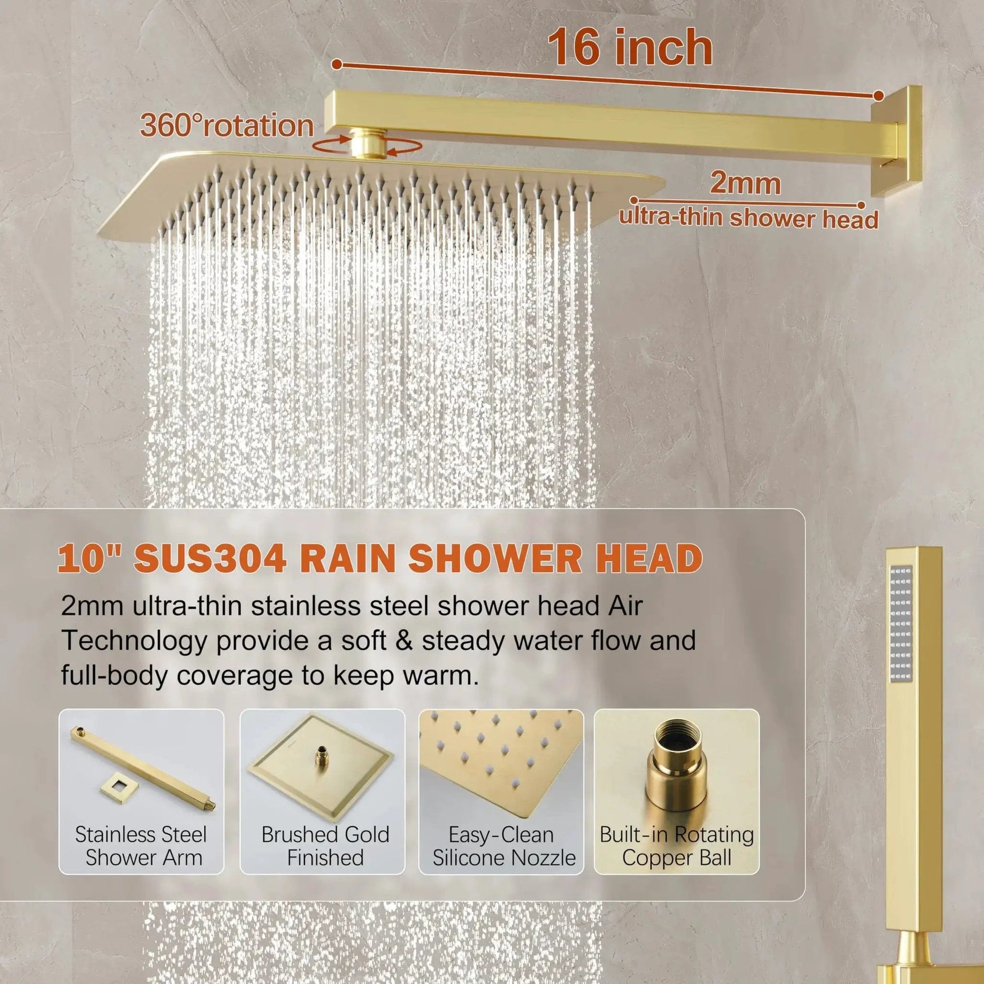 Gold Shower System With 10 Inch Rain Showerhead And Handheld Spray, Wall Mounted High Pressure Shower Head Set Including Valve And Trim, Brushed Gold Finish, 304 Stainless Steel Construction, Easy Install For A Spa Like Shower Experience By HoliSpa
