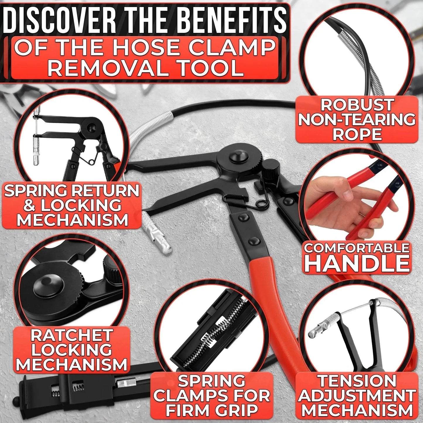Radiator Hose Clamp Tool With Ratchet Locking Pliers for Easy One-Hand Operation showing design features and grip.