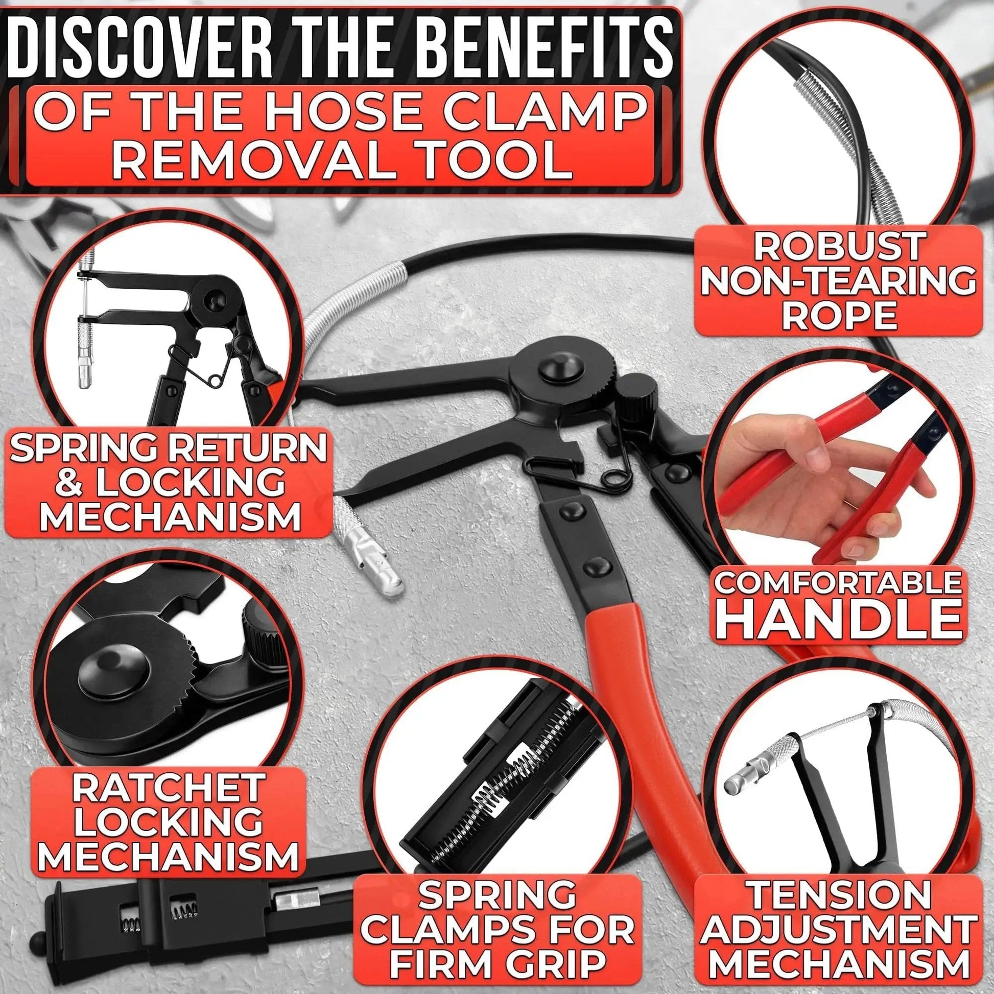 Radiator Hose Clamp Tool With Ratchet Locking Pliers for Easy One-Hand Operation showing design features and grip.