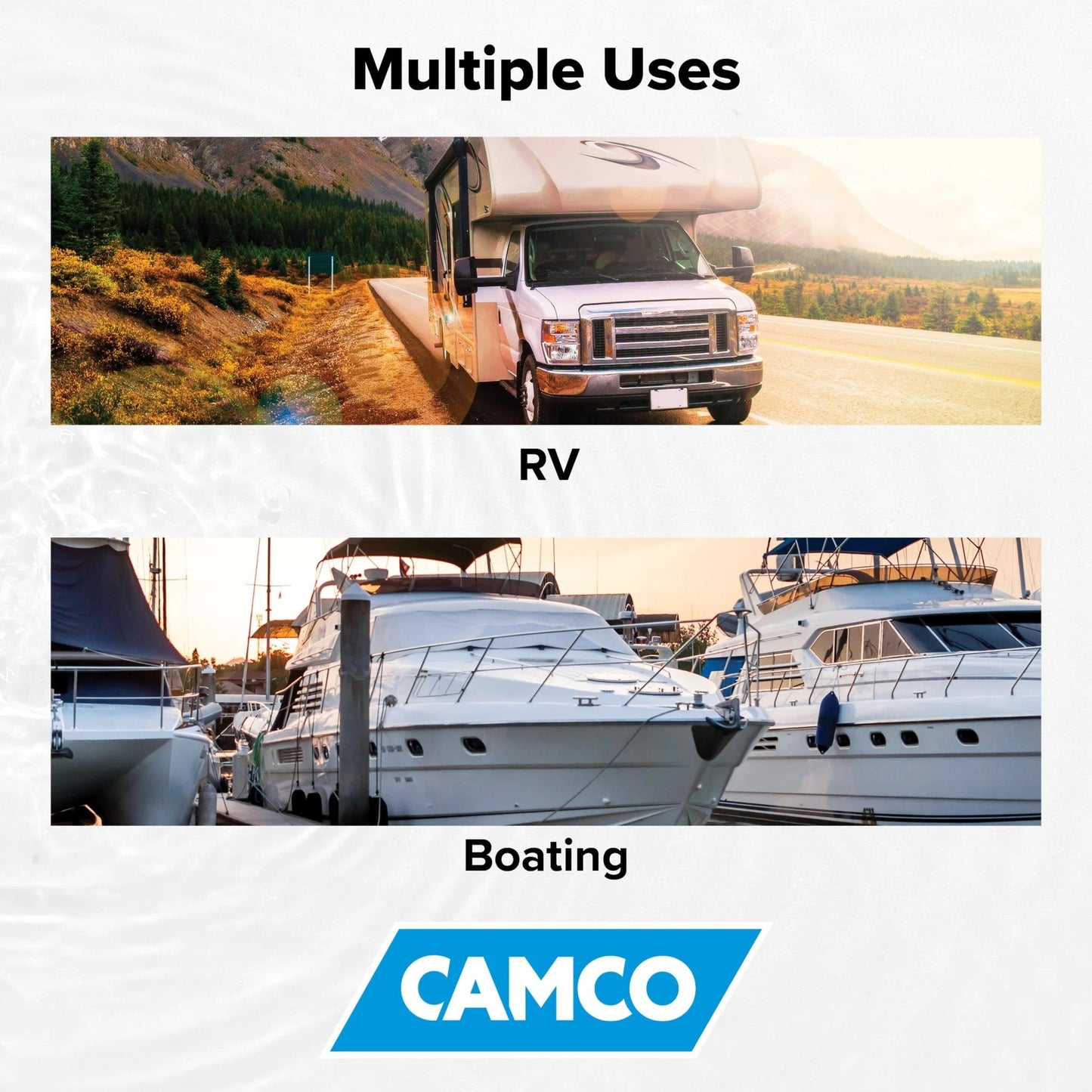 Image showing an RV parked on the roadside and boats docked, illustrating uses for the Brass Water Pressure Regulator With Gauge For RVs And Campers Easy Read Gauge Protects Hoses And Plumbing From High City Water Pressure Prevents Burst Pipes On The Road Camco.
