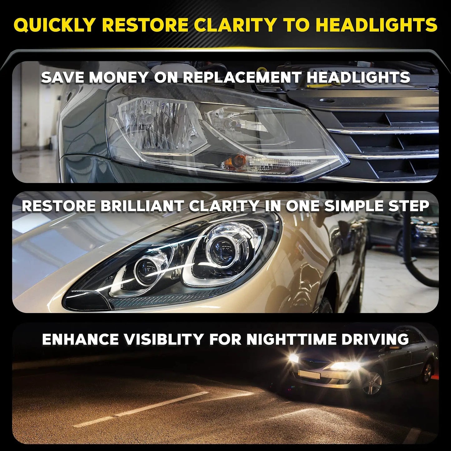 Plastic Clear Cleaner And Polish For Cars That Wipes Out Yellowing Cloudiness And Scratches Restores Headlight Clarity Meguiars PlastX G12310C displayed with clear headlights for restoration.