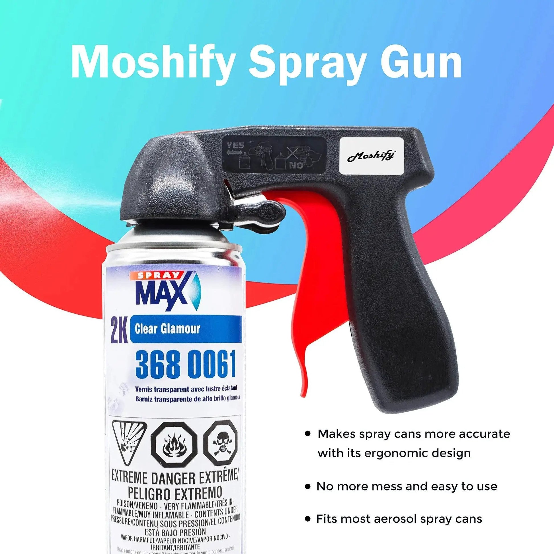 Front view of a spray can with Moshify trigger showing "Two Stage 2K Clear Coat Aerosol With Trigger For High Gloss Automotive Finish"