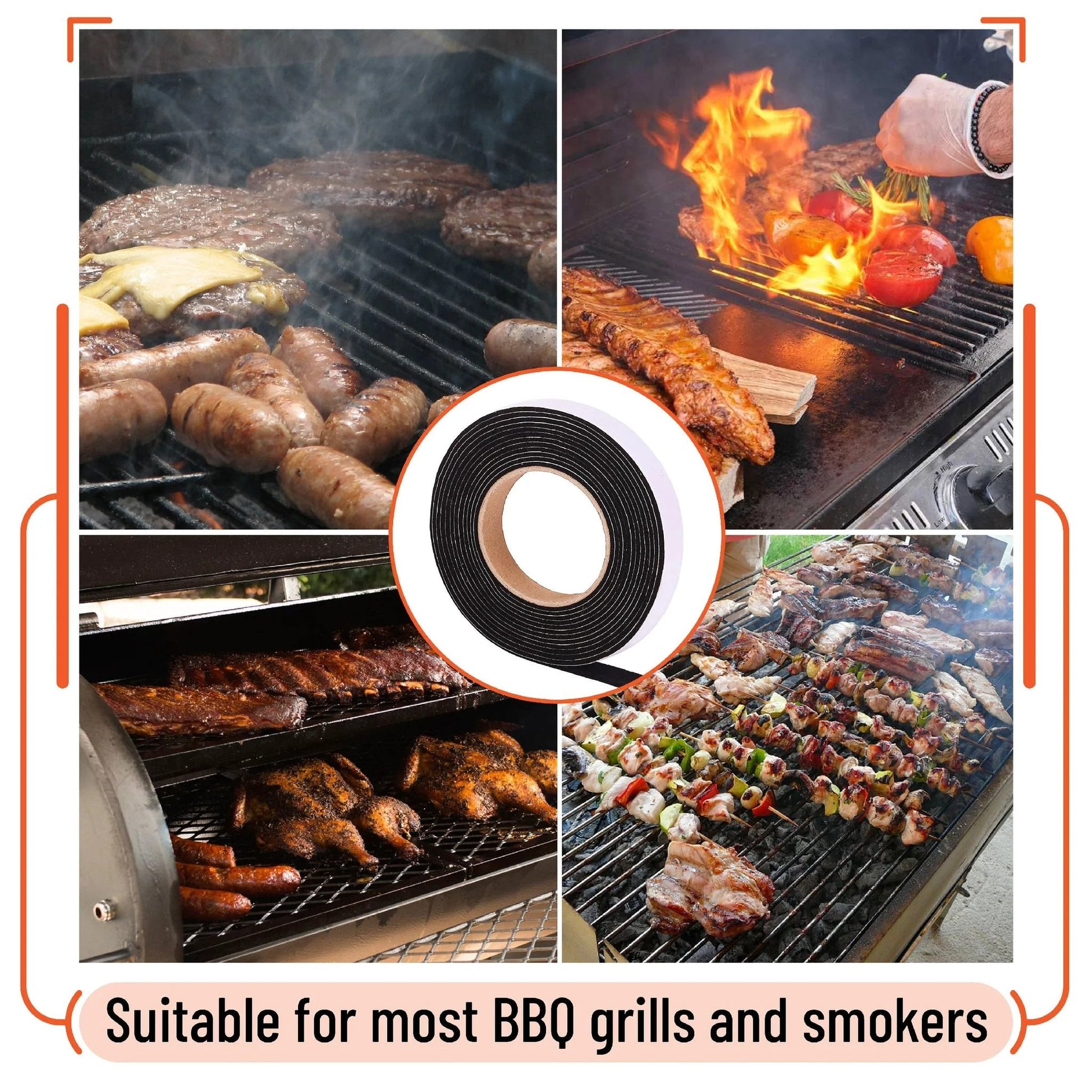 Smoker Gasket 2 Pack 15 ft High Temp Black Grill Seal to Stop Air Leaks and Maintain Smoke and Temperature, Half Inch Wide by One Eighth Inch Thick, Durable Universal Fit for Charcoal and Gas Grills, By UNCO shown with various meats grilling