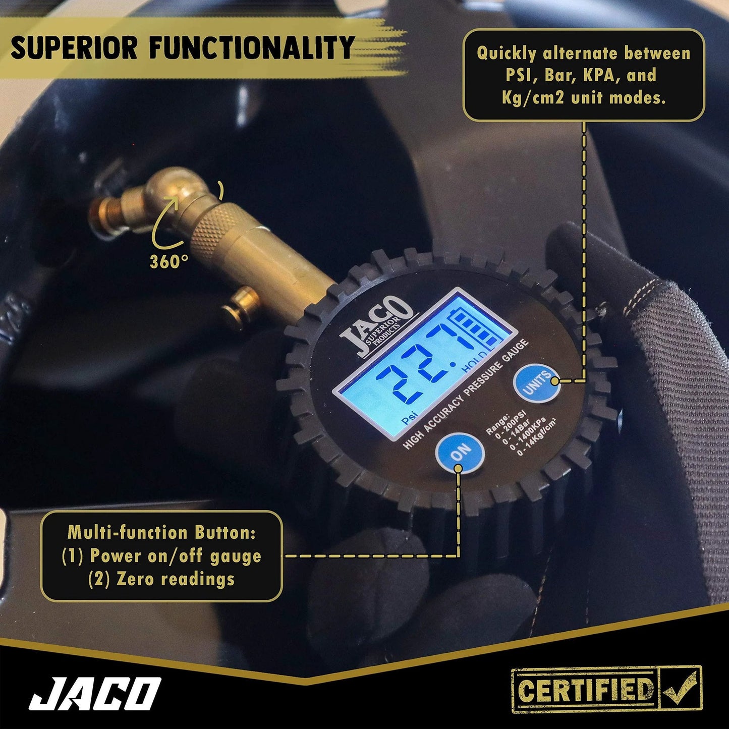Elite Digital Tire Pressure Gauge for Pro Car Maintenance with 100 PSI range ANSI 2A certified display showing 22.7 PSI