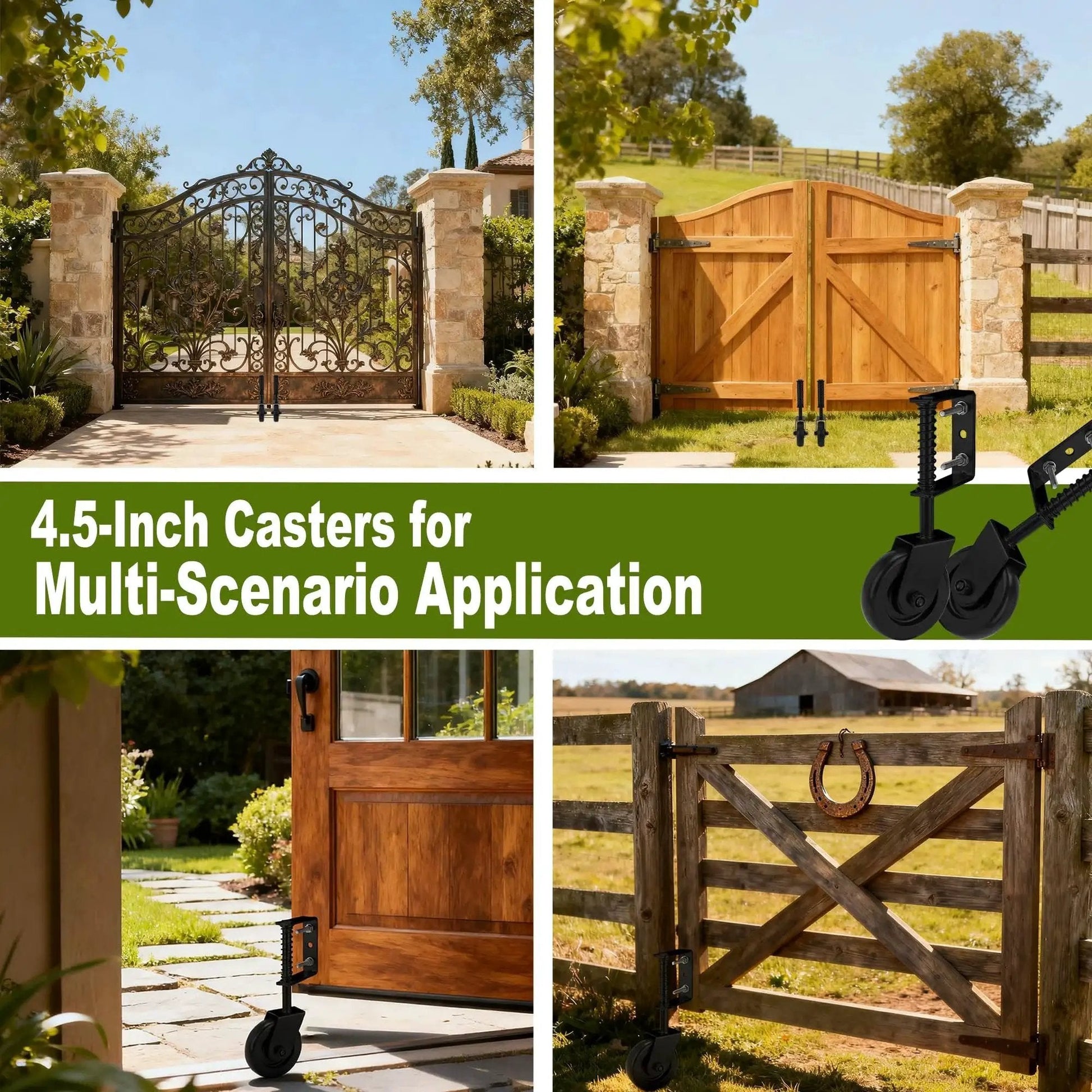 4.5-inch casters on metal and wooden gates for smooth operation on various surfaces