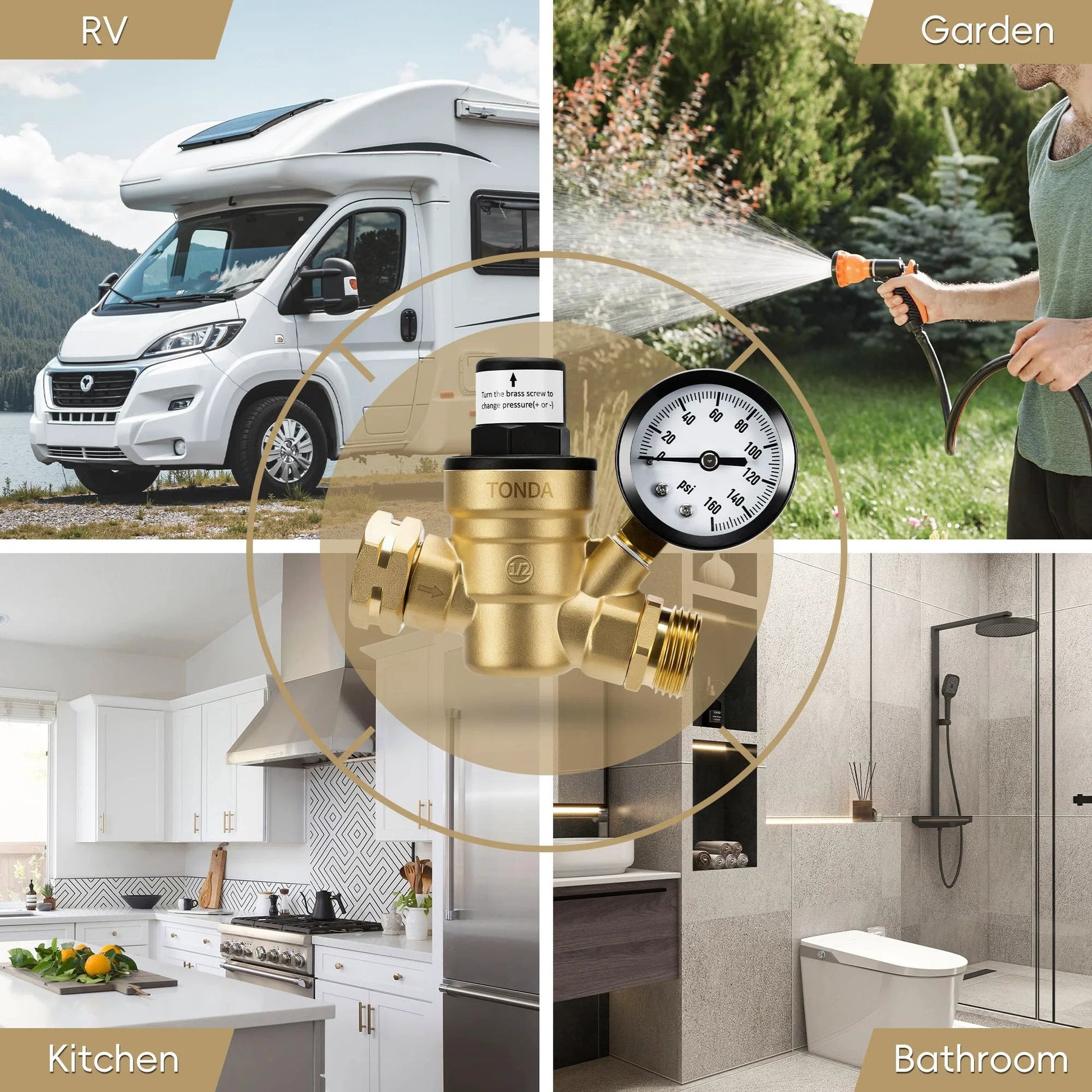 Lead Free Brass RV Water Pressure Regulator With Gauge And Inlet Screen Filter Adjustable 0 To 160 PSI in various uses; RV, garden, kitchen, bathroom.
