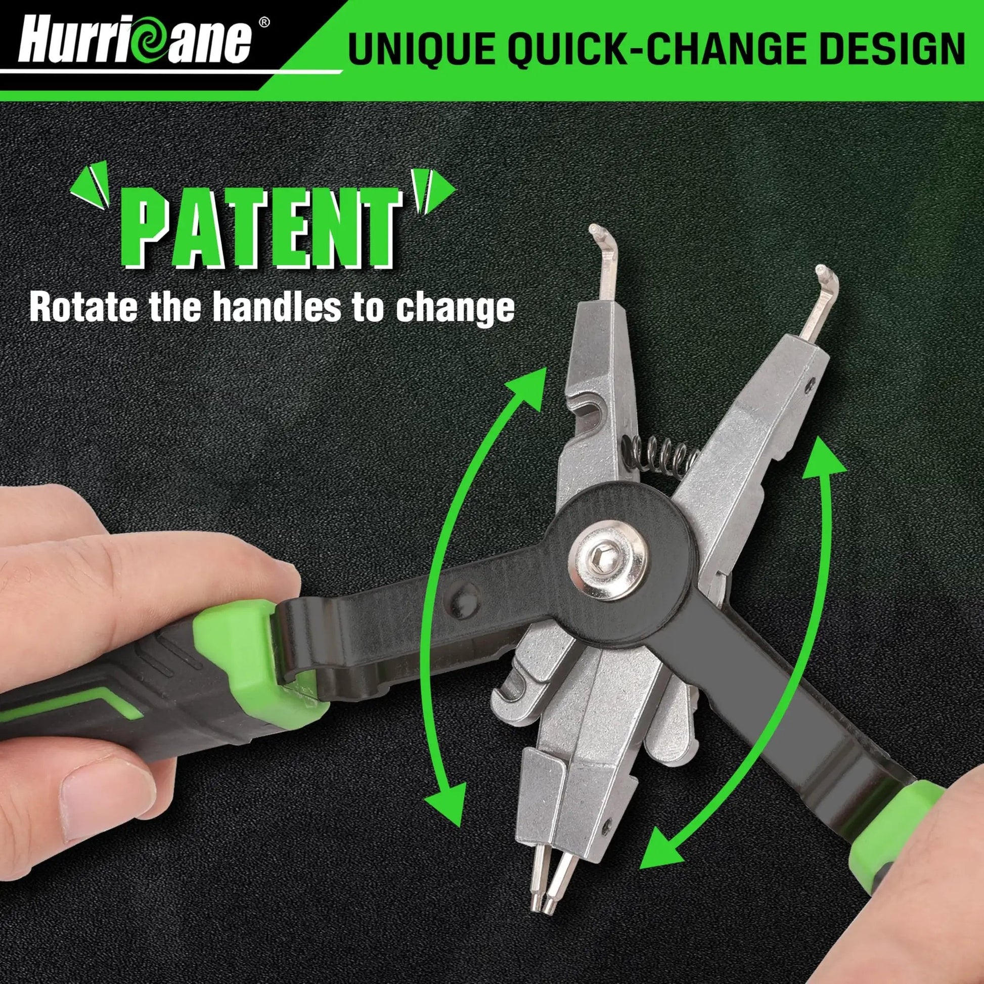 Pro Grade 8 Inch Quick Turn Snap Ring Pliers With Interchangeable Tips for internal and external rings shown in use.