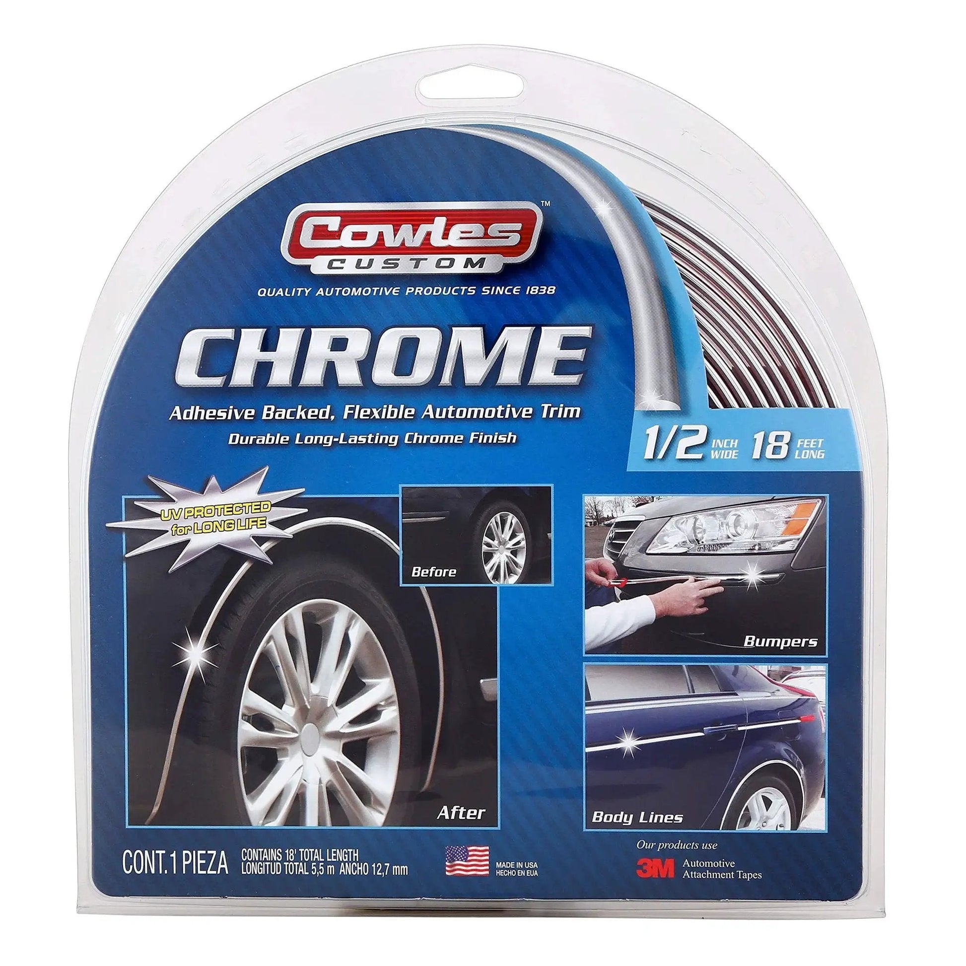 Universal Vehicle Body Molding Trim One Half Inch Wide 18 Feet Chrome Finish UV packaging with product details and images.