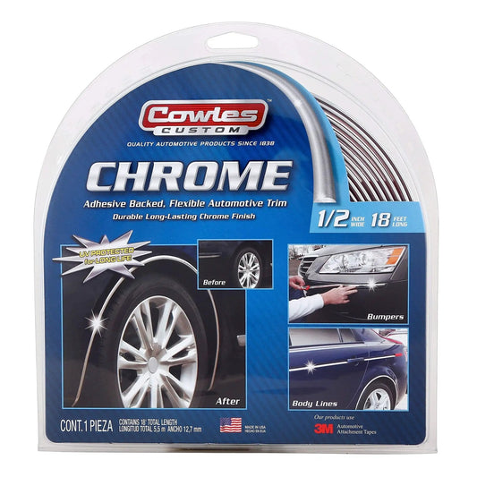 Universal Vehicle Body Molding Trim One Half Inch Wide 18 Feet Chrome Finish UV packaging with product details and images.