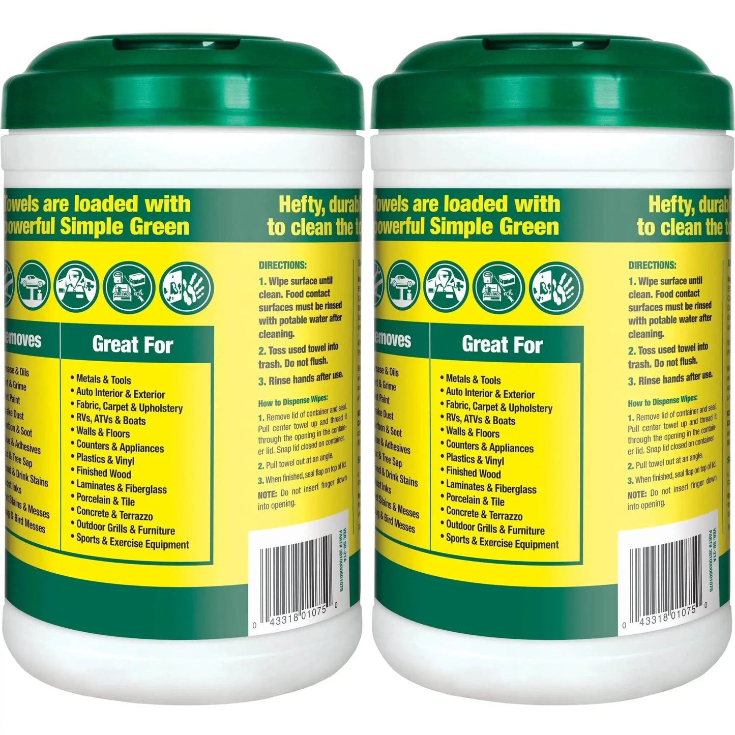 Heavy-Duty Cleaning Towels and Degreasing Wipes 75 Count Pack of 2 with green lids and yellow labels in commercial containers