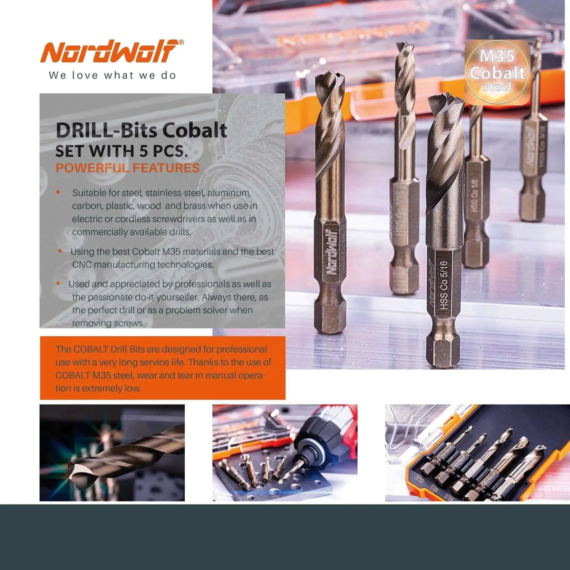 Five-Piece M35 Cobalt Stubby Drill Bit Set For Stainless Steel And Other Hard Metals With One Quarter Inch Hex Shank
