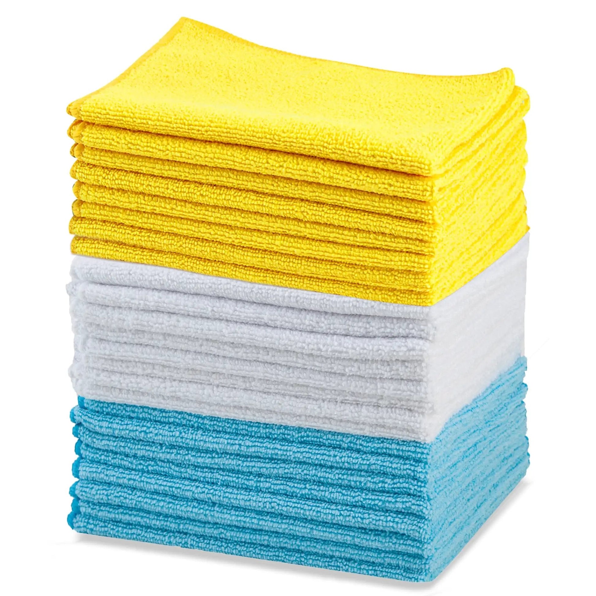 Ultra Soft Microfiber Cleaning Cloths For Car Detailing Pack Of 24 Clean Without Scratch Lint Free Streak Free Absorbent Non Abrasive Reusable And Washable In Blue White Yellow By Amazon Basics neatly stacked in yellow, white, and blue.