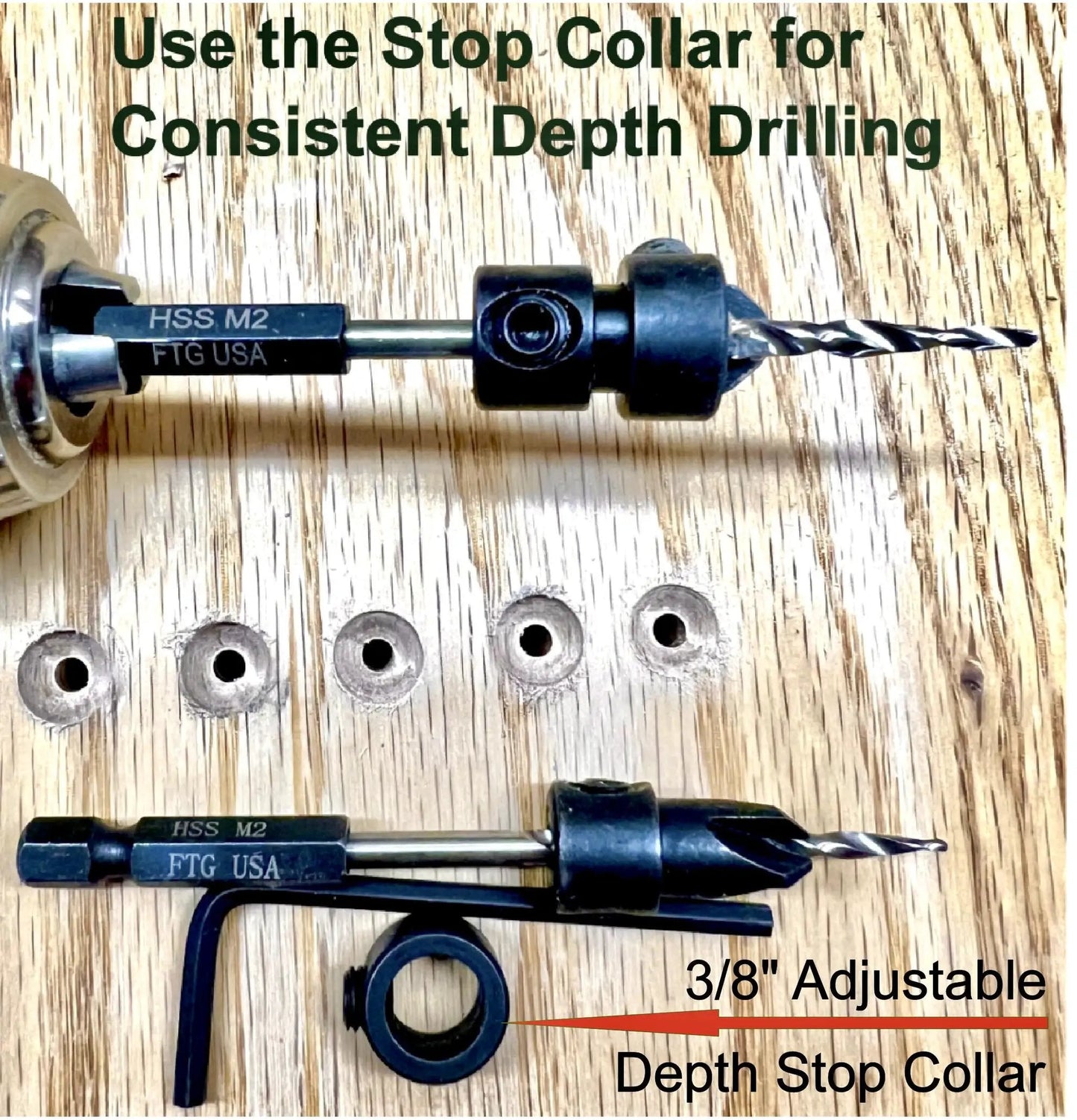 Woodworking Five Piece Depth Adjustable Countersink Drill Bit Set With Replacement Tapered Bits In A Tough Storage Case Size Six Nine Sixty Fourth Inch For Precise Finishes And Quick Setup In Cabinets Furniture And DIY Projects From FTG USA, showing drill bits and adjustable stop collar on wood surface.