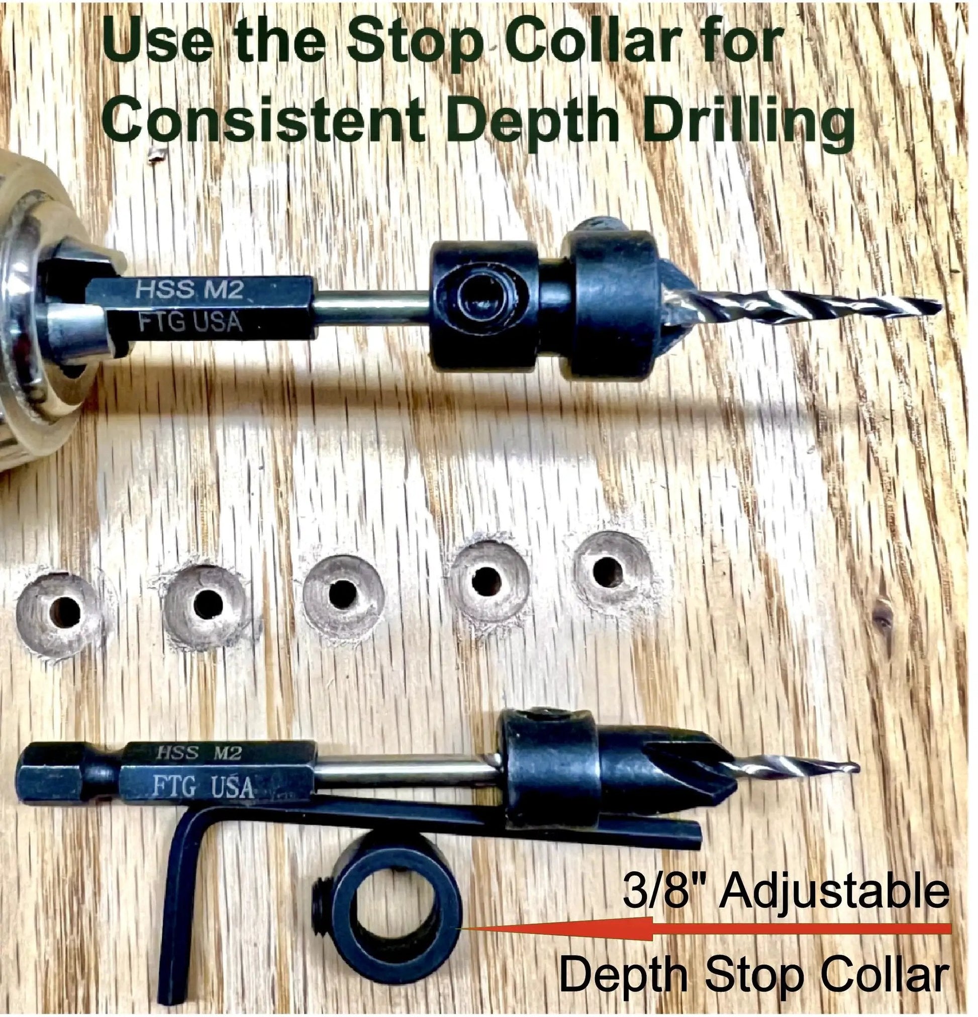 Woodworking Five Piece Depth Adjustable Countersink Drill Bit Set With Replacement Tapered Bits In A Tough Storage Case Size Six Nine Sixty Fourth Inch For Precise Finishes And Quick Setup In Cabinets Furniture And DIY Projects From FTG USA, showing drill bits and adjustable stop collar on wood surface.
