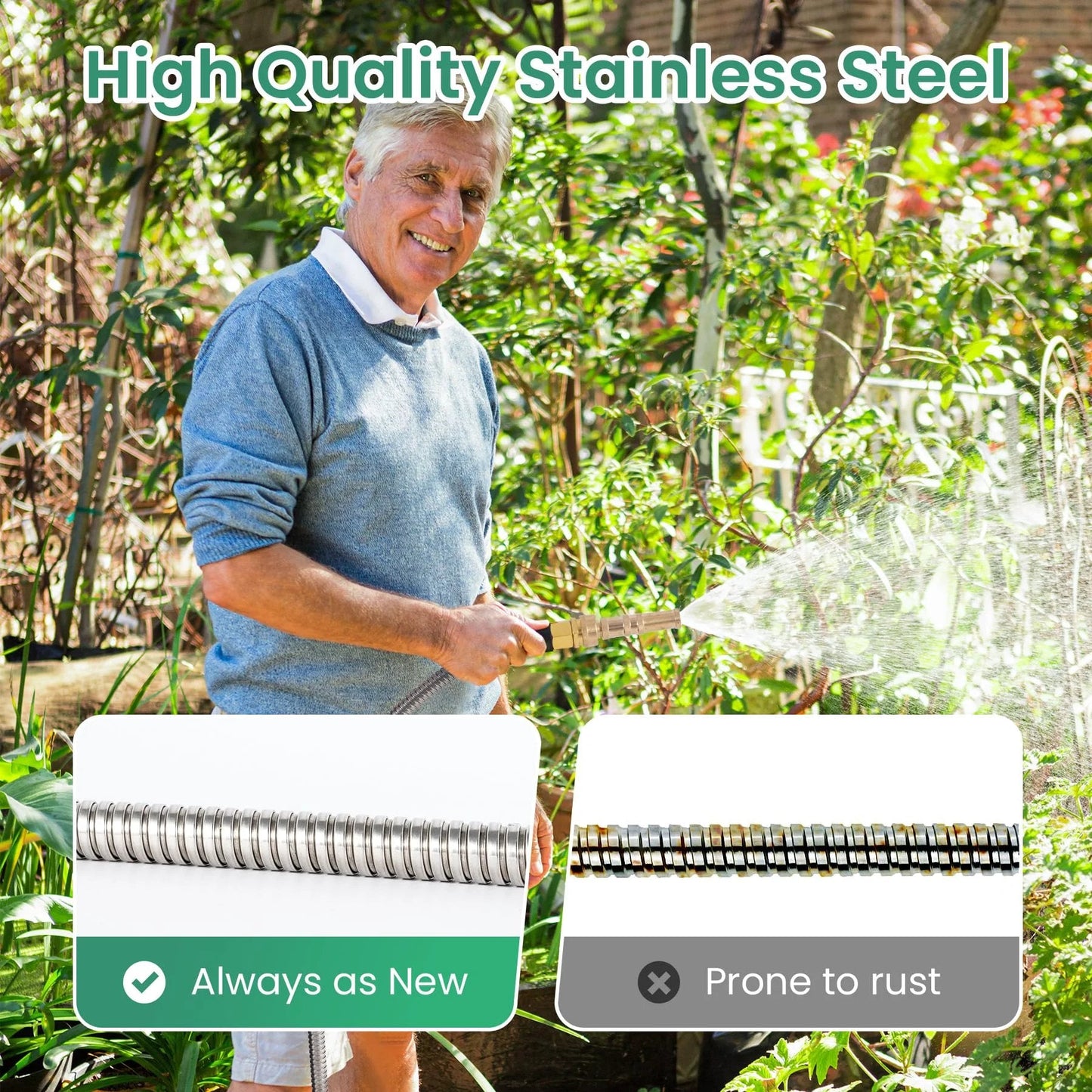 Man using Ultra-Sturdy 25ft Metal Garden Hose Made From 304 Stainless Steel, Flexible And No Kink, UV Resistant All Weather Durability, Includes High-Pressure Brass Nozzle, Perfect For Home And Outdoor Yard Cleaning