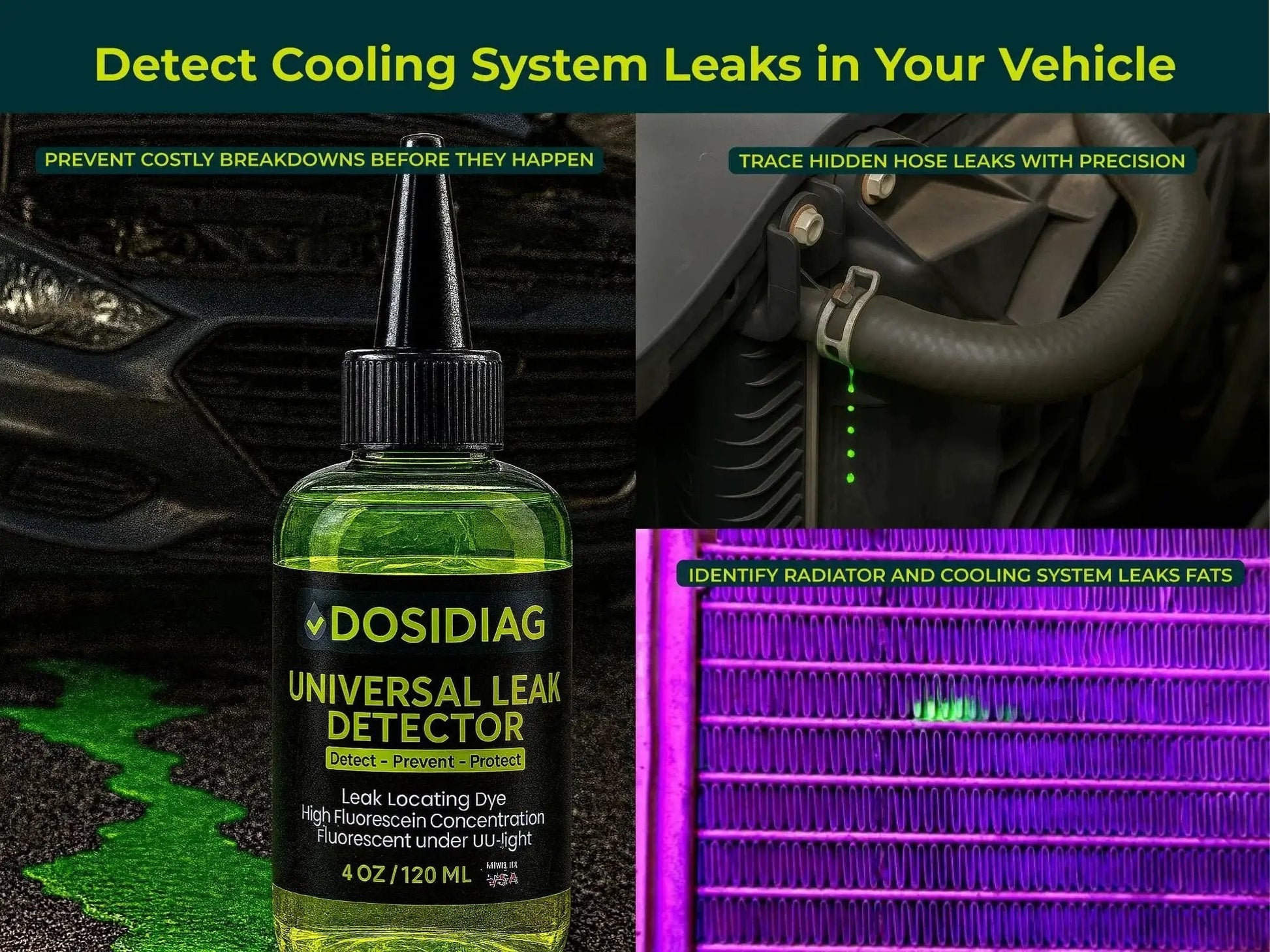 Universal Leak Detector Tracer Dye For Pools Spas Plumbing Roofs And Cars With High Visibility And 100 Percent UV Compatible Formula in use on vehicle cooling system