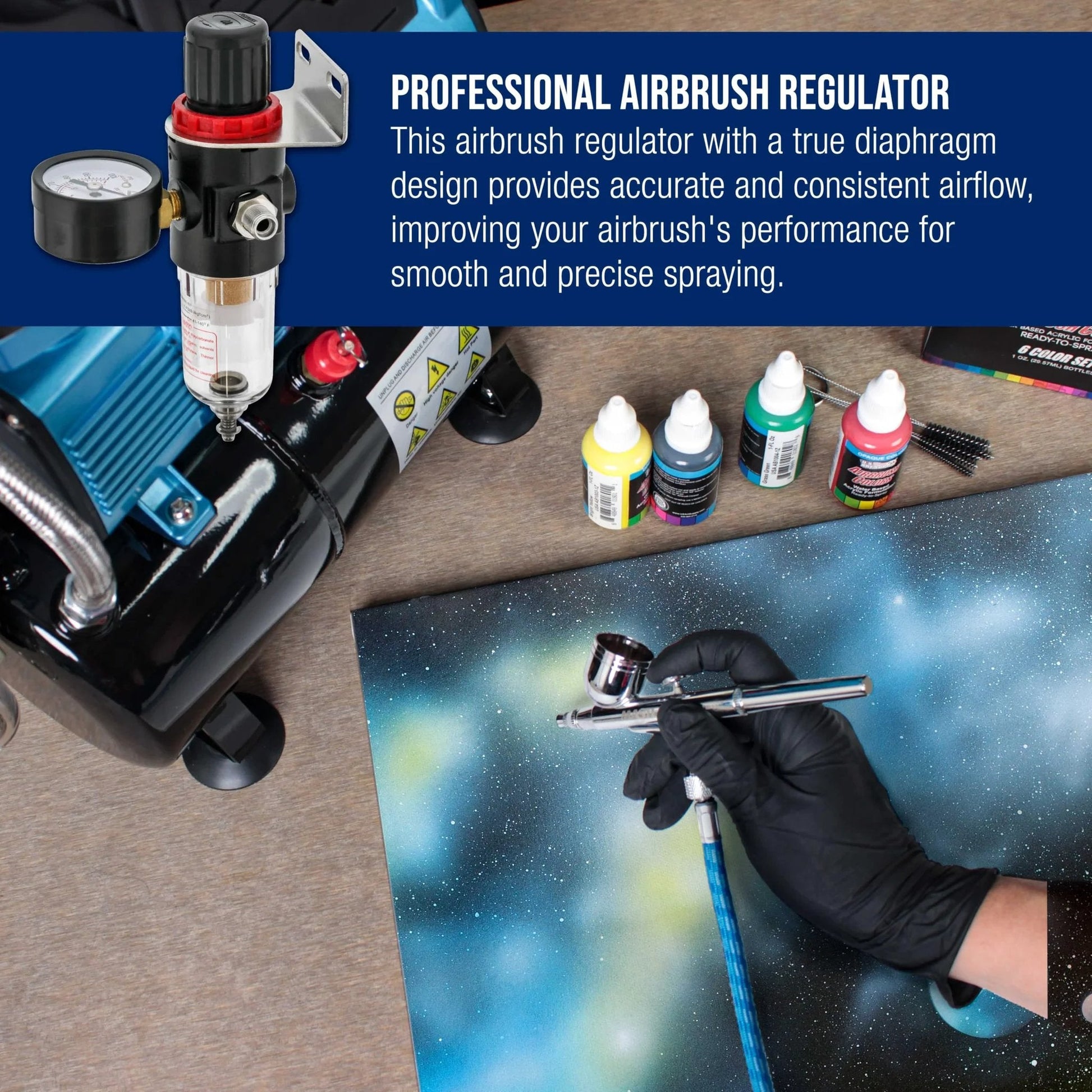 Pro Grade Airbrush Regulator With True Diaphragm Design, Gauge, Water Moisture Trap And Filter shown with airbrush and paint setup