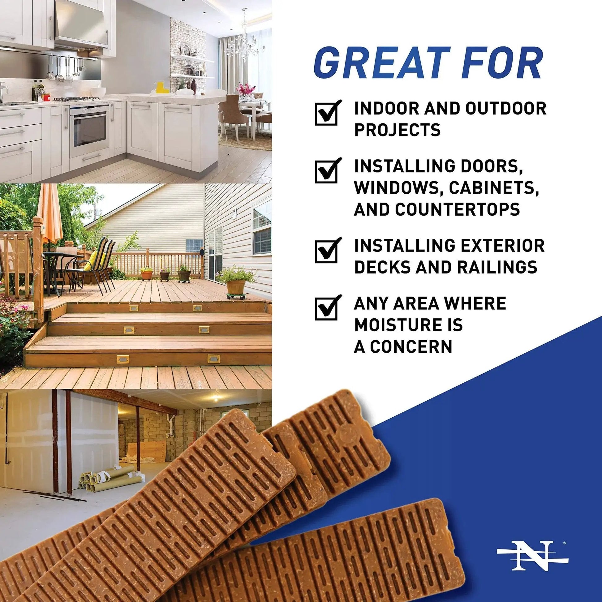Waterproof 24 Pack 8 Inch Composite Shims For Leveling Toilets Windows Cabinets Decks with multiple installation uses shown