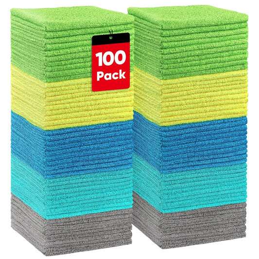 Ultra Absorbent Microfiber Cleaning Cloths, 100 Pack For Cars, Home, Kitchen And Shop, Scratch Free, Lint Free Rags, Multicolor 11.5 By 11.5 Inches By HOMEXCEL stacked in various colours.