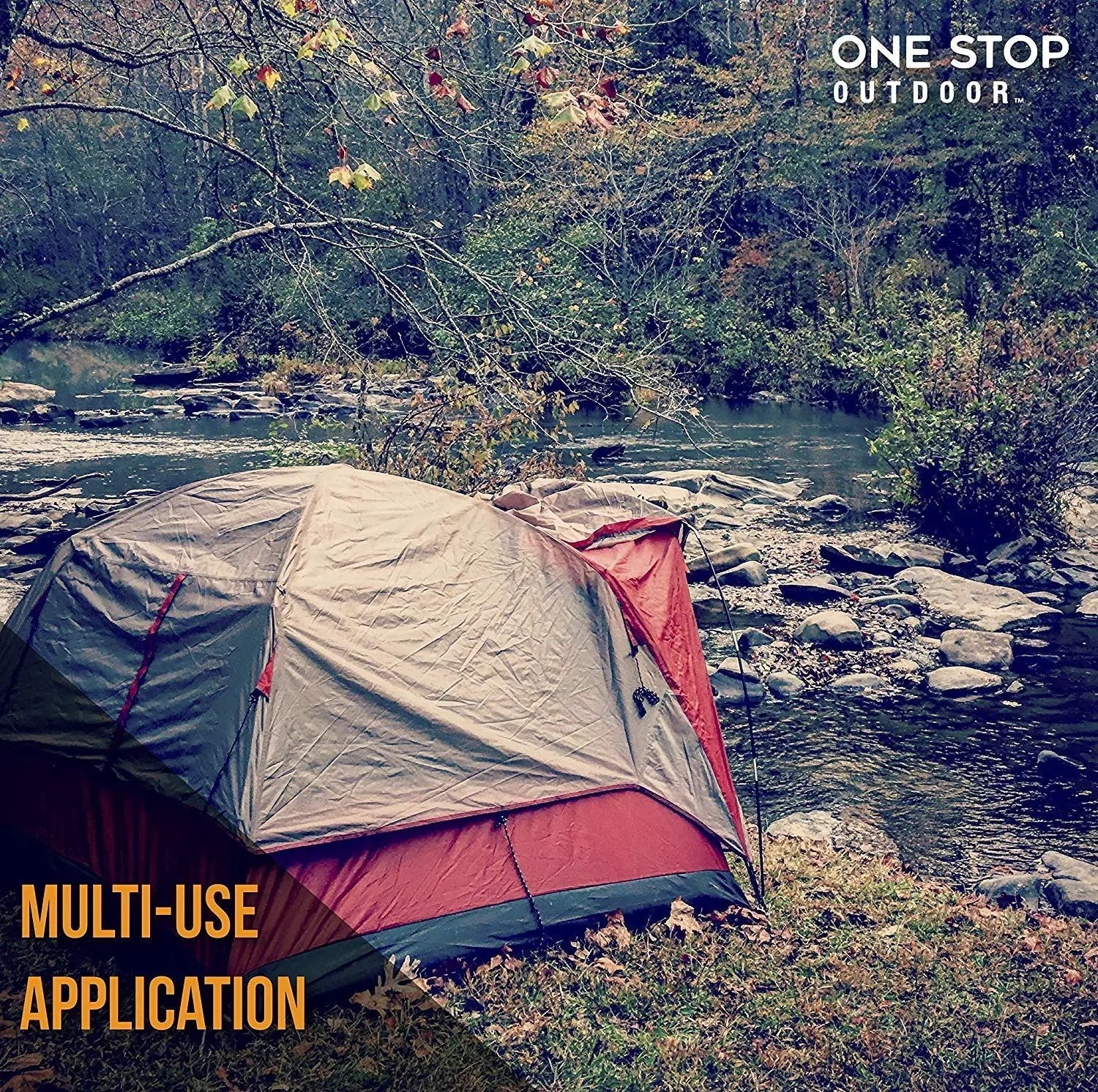 A tent secured by Heavy Duty 12 Inch Round Metal Landscape And Paver Edging Anchoring Spikes 10 Pack by a river