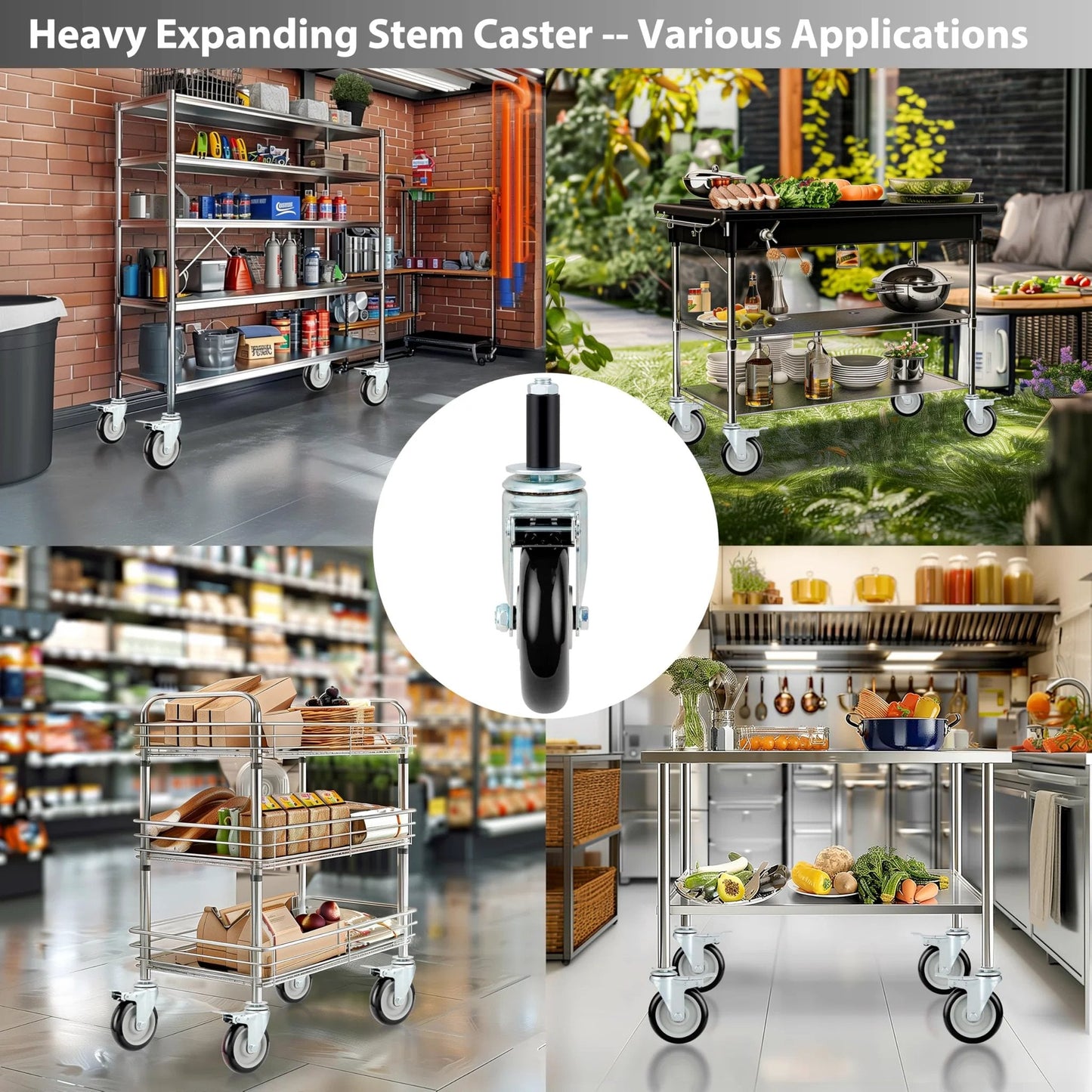 Five Inch Prep Table Casters Set Of 4 Heavy Duty Expanding Stem Wheel Casters With Brakes Fit Stainless Steel Furniture in use