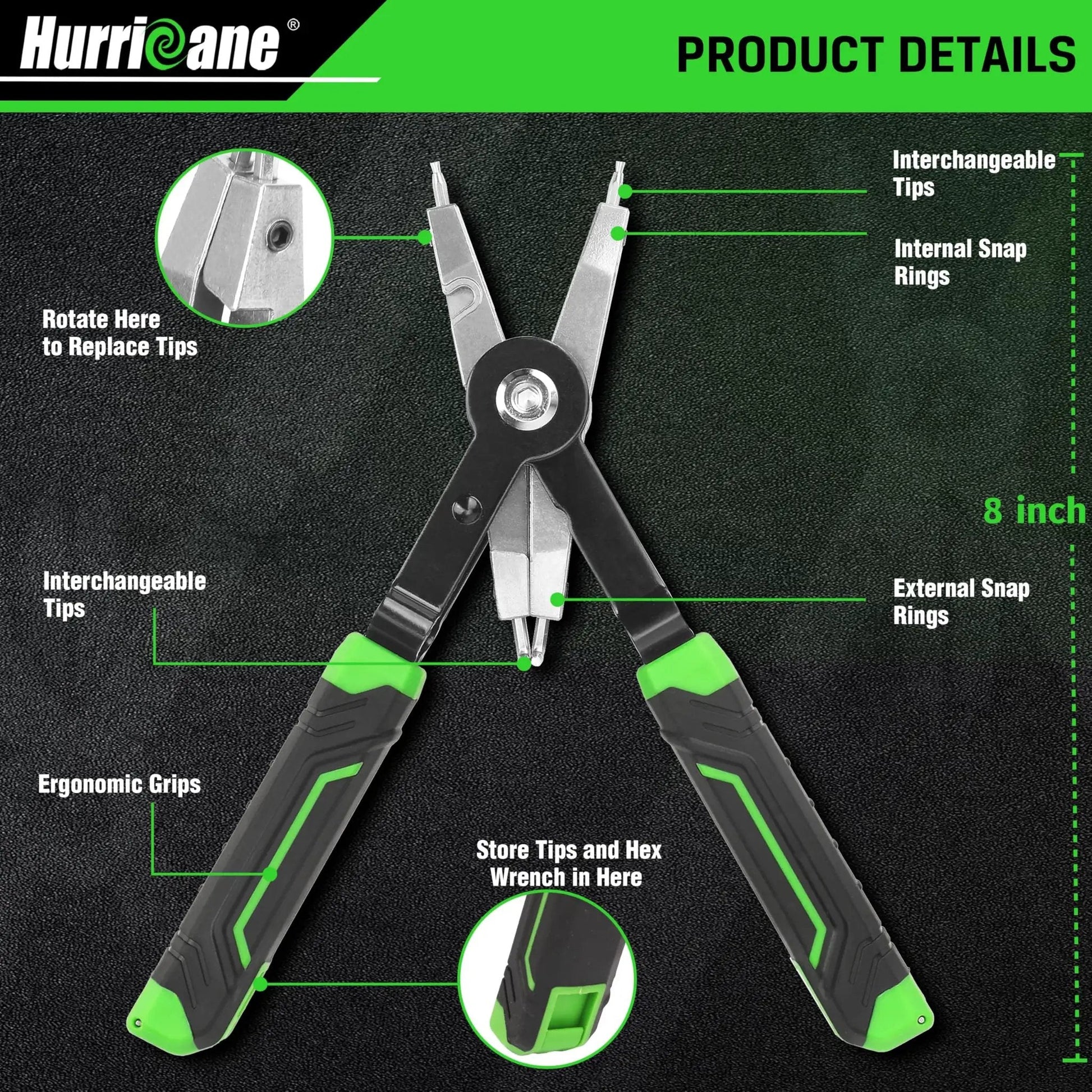 Pro Grade 8 Inch Quick Turn Snap Ring Pliers With Interchangeable Tips shown with ergonomic grips and tip storage view