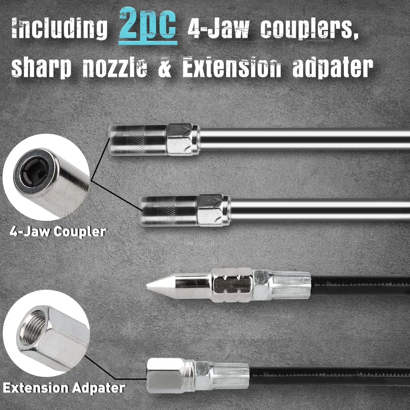 Mini Grease Gun Kit 3.52 Oz Capacity 3000 Psi With Long And Short Extension Pipes 12 Inch Flex Hose Two Four Jaw Couplers Sharp Nozzle Extension Adapter 3 Oz Grease Reinforced Glove And Cleaner Perfect For DIY Auto Maintenance components including 4-jaw coupler and extension adapter