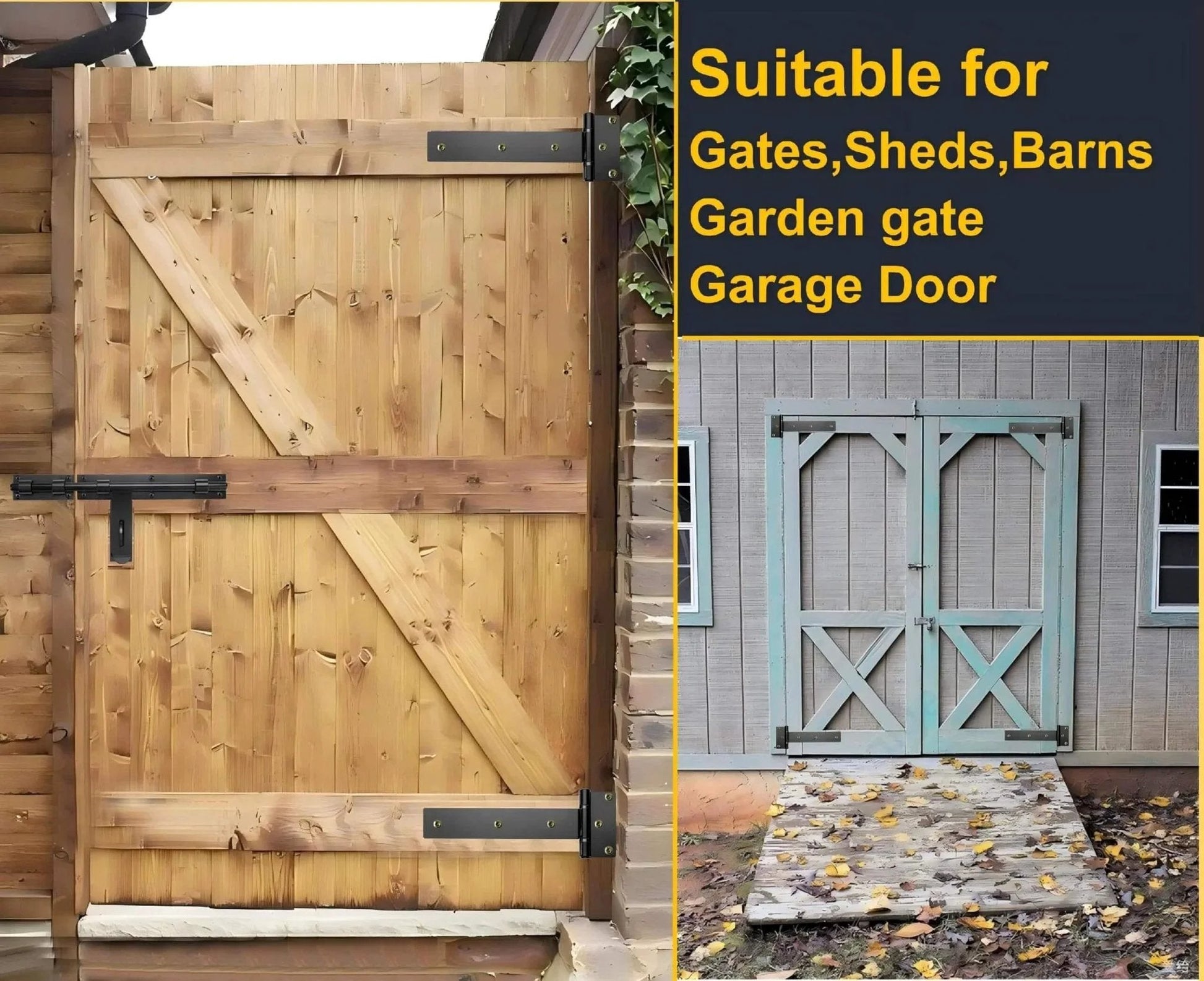Industrial Strength 12 Inch T Strap Gate Hinges 4mm Thick 180 Degree Swing Rust Proof Black Steel installed on wooden gate