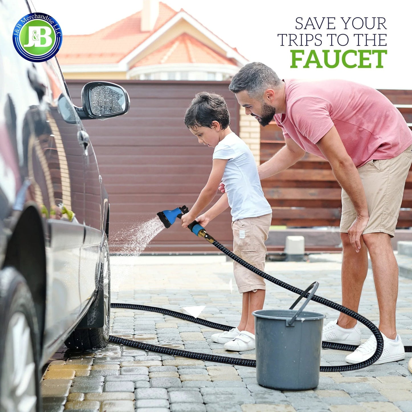 Father and son using a 75-Foot Expandable Garden Hose With Ultra-Strong 3750D Fabric, Four-Layer Latex Core to wash a car outside.