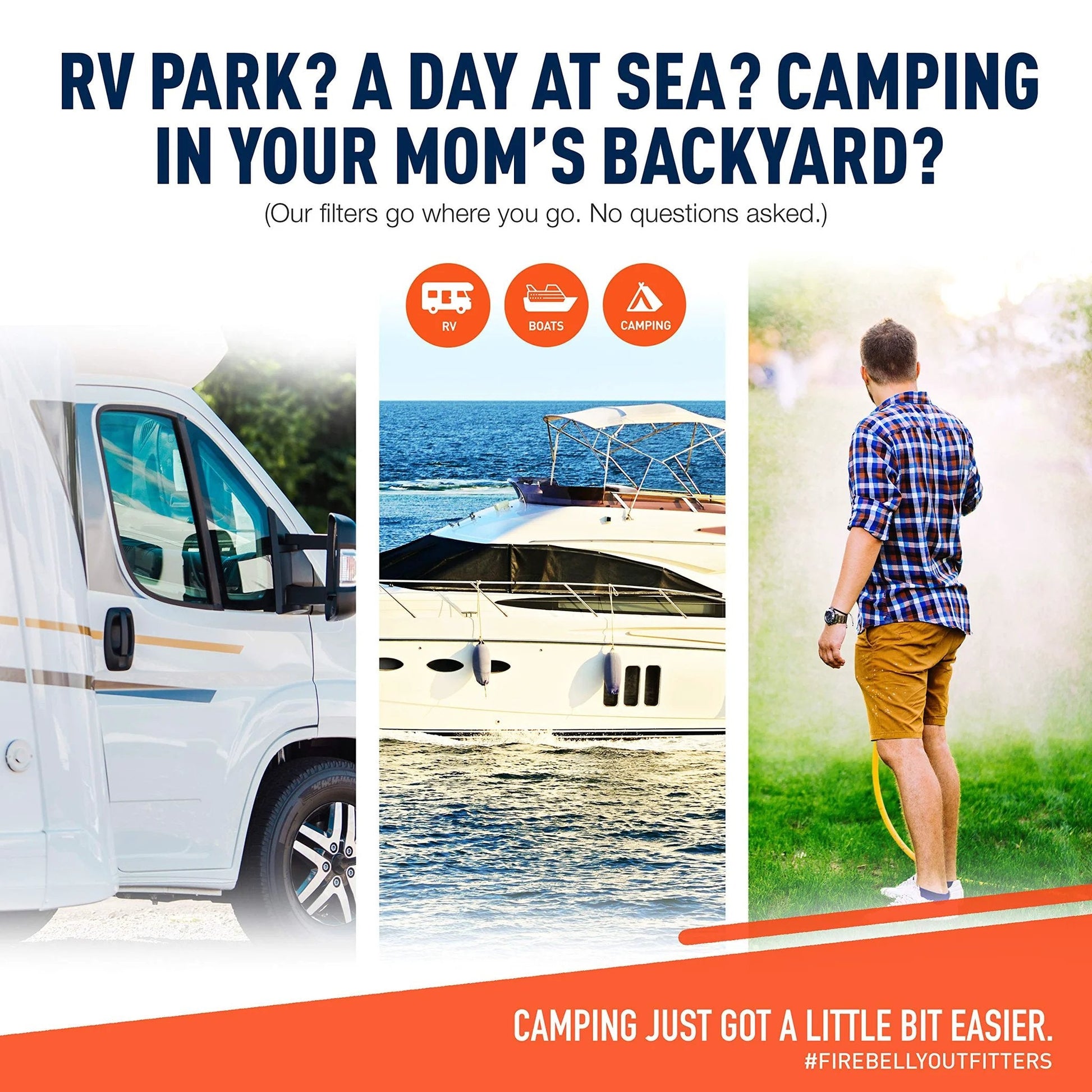 Collage of RV, boat, and man with garden hose emphasizing outdoor water use.