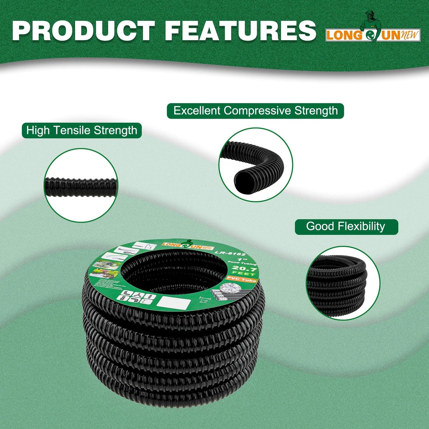 Flexible 1 Inch ID Corrugated Pond Hose For Aquarium And Pond Waterfall Systems, 20.6 Ft Black PVC Kinkproof Tubing With Fittings