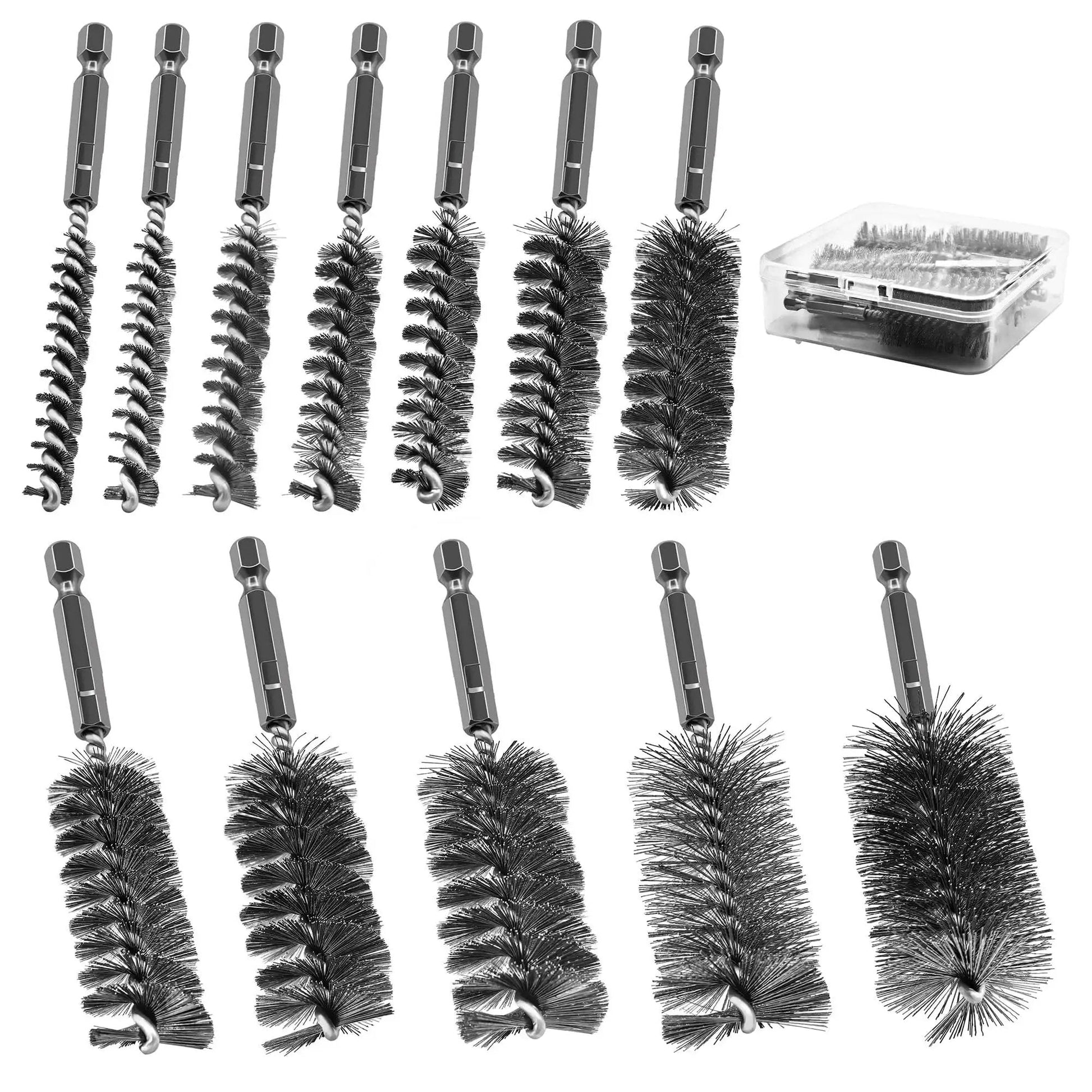12 Piece Stainless Steel Bore Brush Set For Drill With 1/4 Inch Hex Shank Includes Sizes From 5/16 Inch To 1 3/16 Inch in package