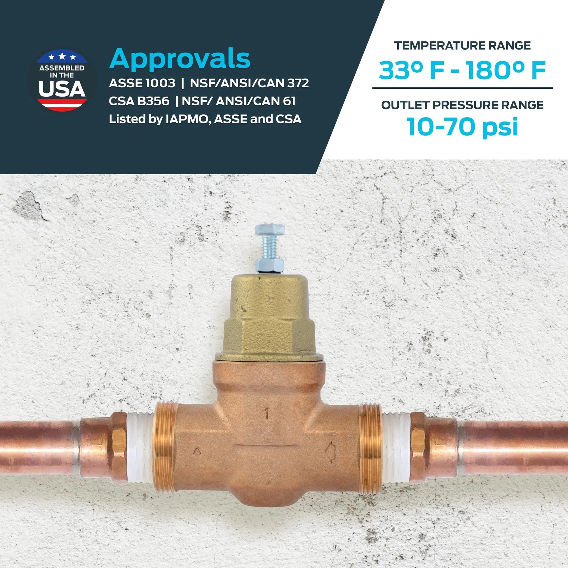 Direct Adjust Water Pressure Regulator Valve 1 Inch NPT Threaded With Metal Top 60 PSI Setting, copper piping installation view.