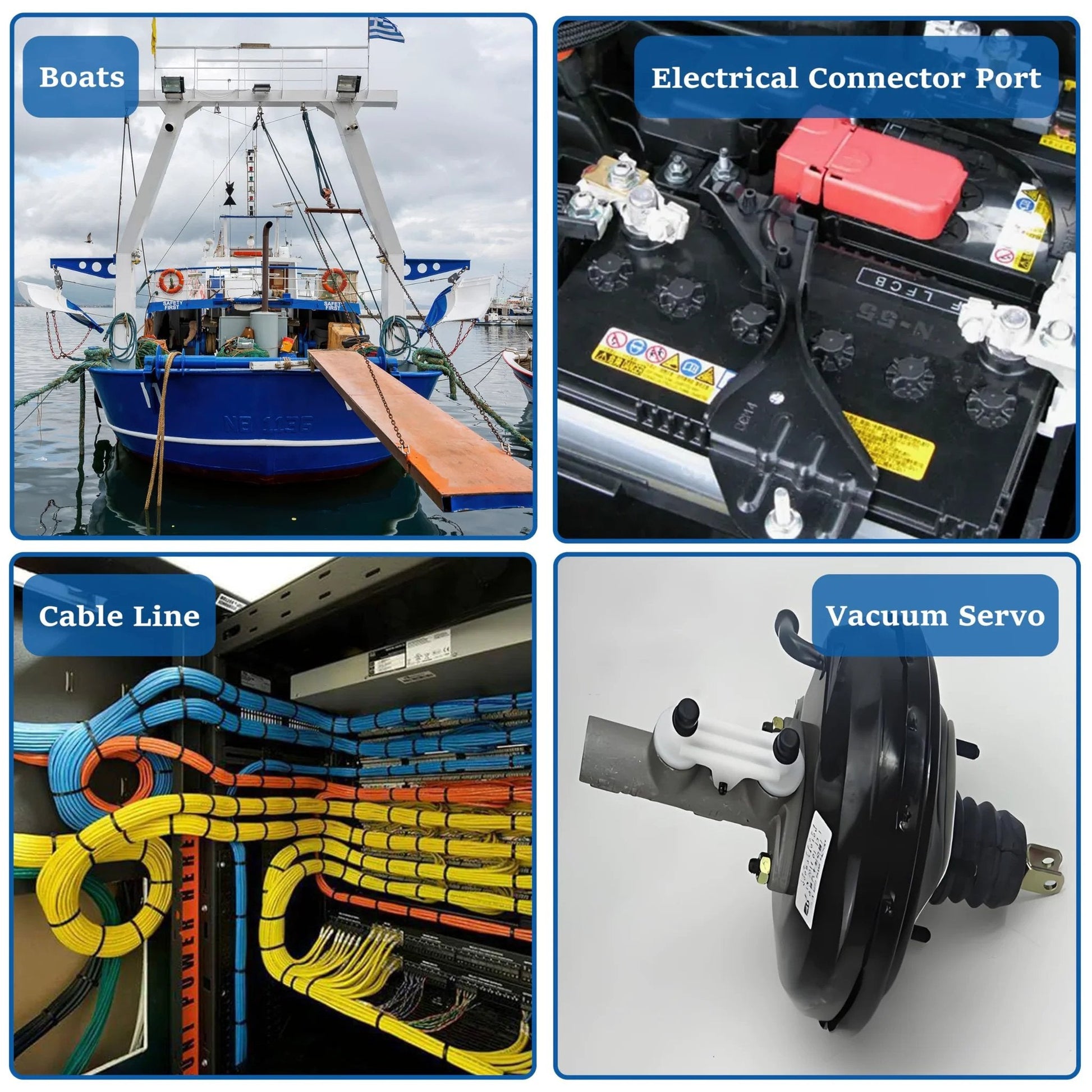 Collage showing a boat, electrical connector port, cable line, and vacuum servo.