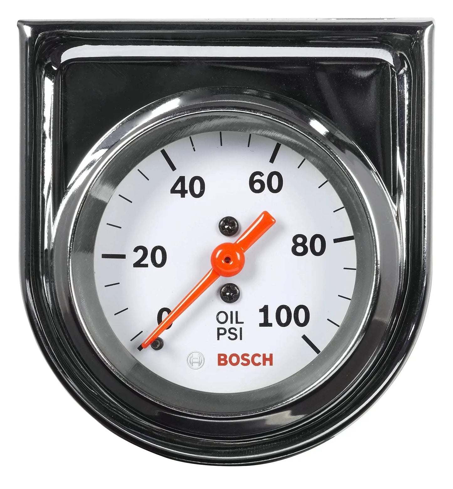 Front view of Style Line 2 Inch Mechanical Oil Pressure Gauge With White Dial And Chrome Bezel By Bosch SP0F000044, showing 0 to 100 PSI.