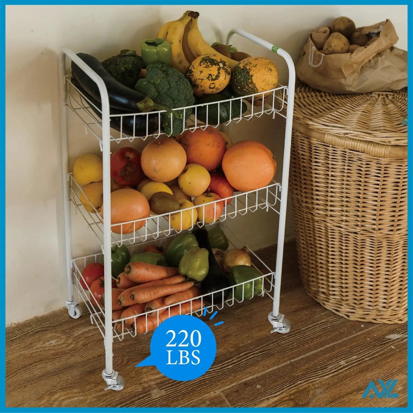 Rolling kitchen trolley with three shelves holding fruits and vegetables, equipped with M8x15mm Threaded Stem Caster Wheels 2 Inch Heavy Duty Swivel Casters With Brakes Pack Of 4