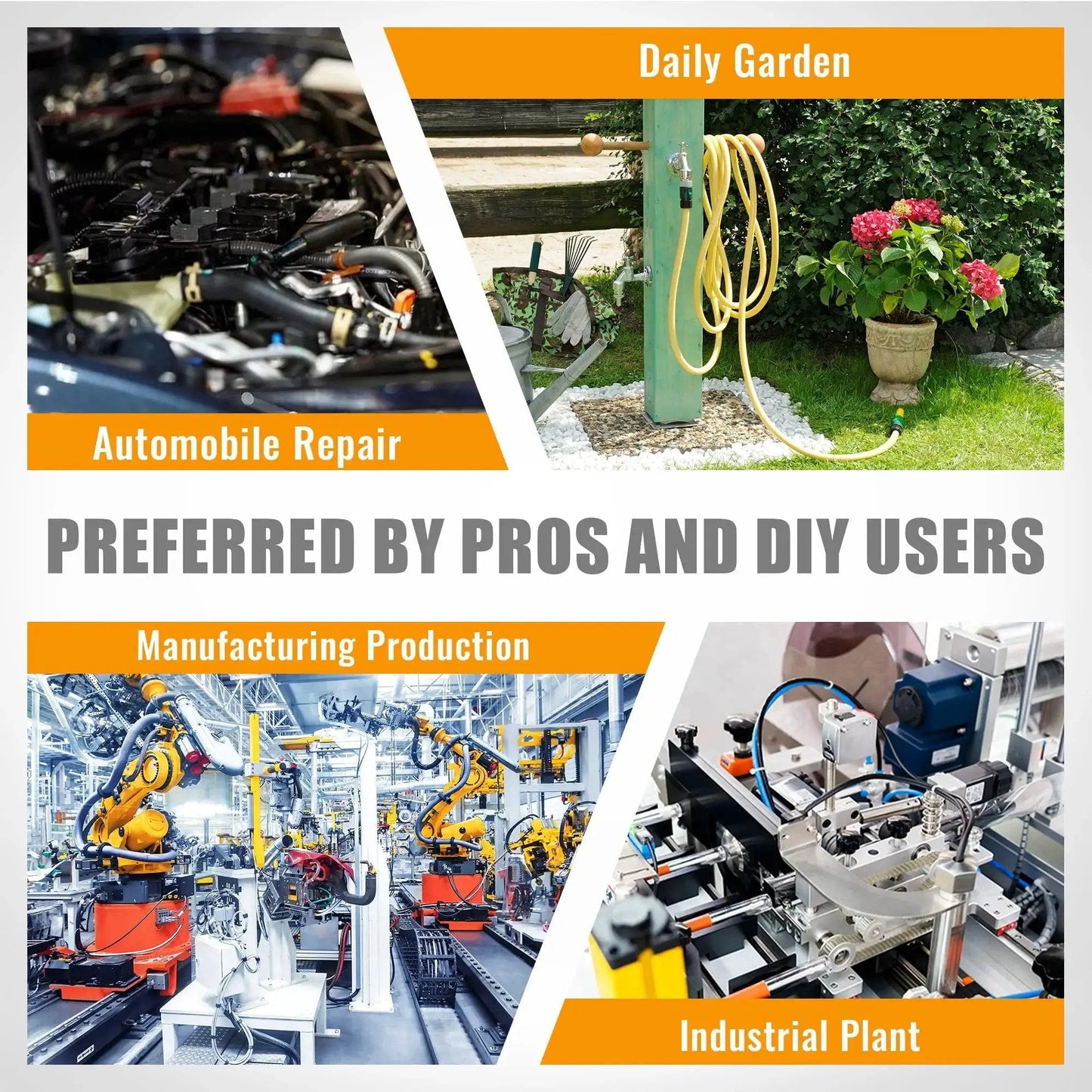 Images of automobile repair, garden hose, manufacturing production, industrial plant; text 'Preferred by Pros and DIY Users'