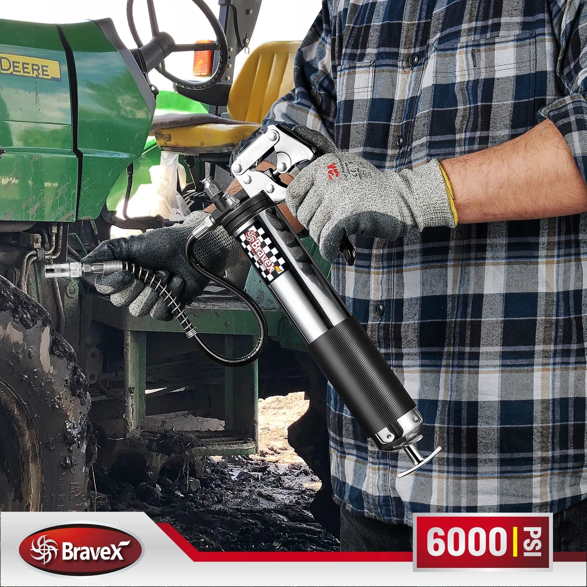 Heavy Duty Pistol Grip Grease Gun With 6000 PSI And 18 Inch Flexible Hose For Pro Shops And DIY Gear Bravex Chrome Canister