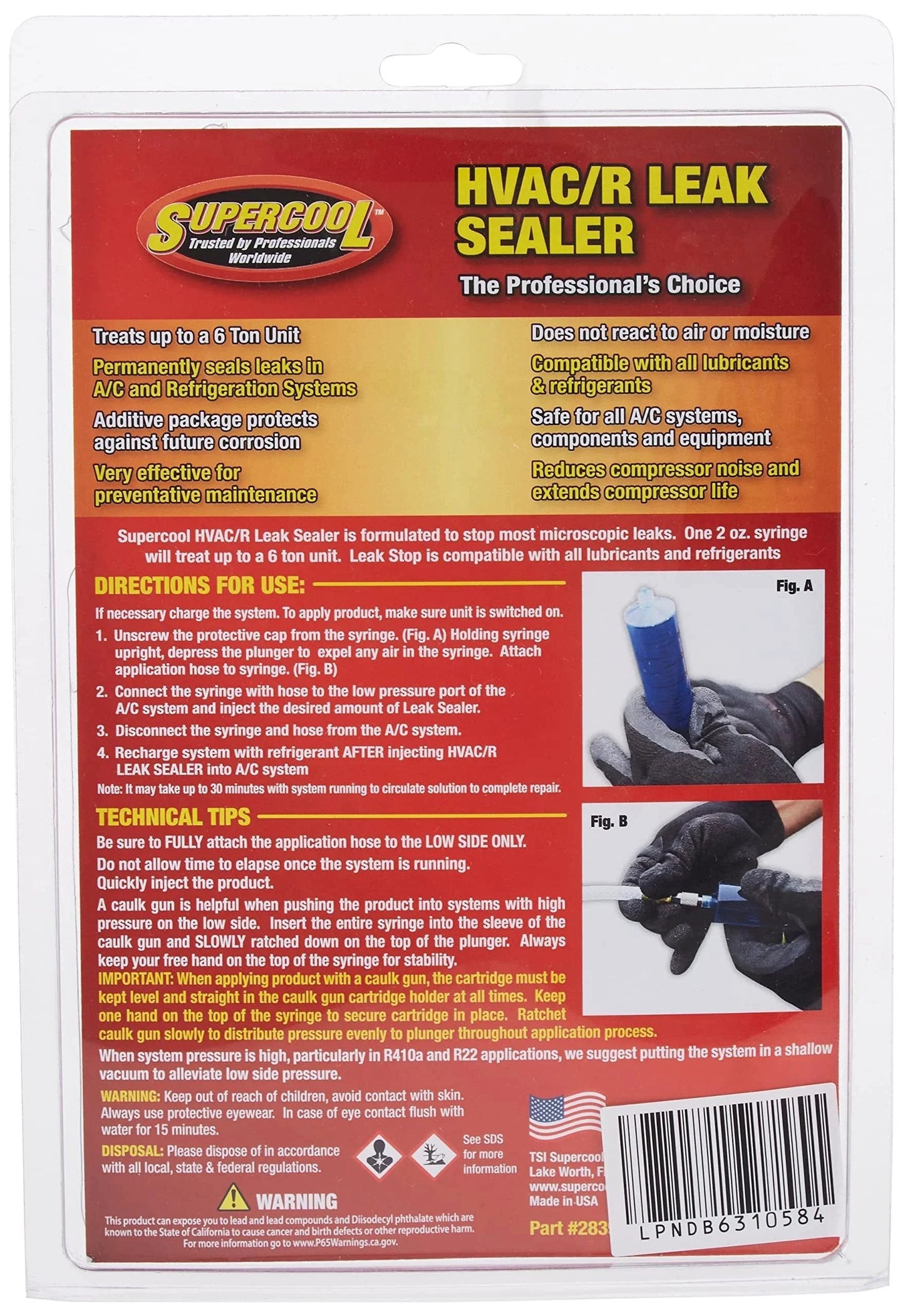 Packaging of HVAC Leak Stop Syringe With Application Hose 2 Oz 60 Ml Universal Fit Not For Automotive Use Permanently Seals Leaks