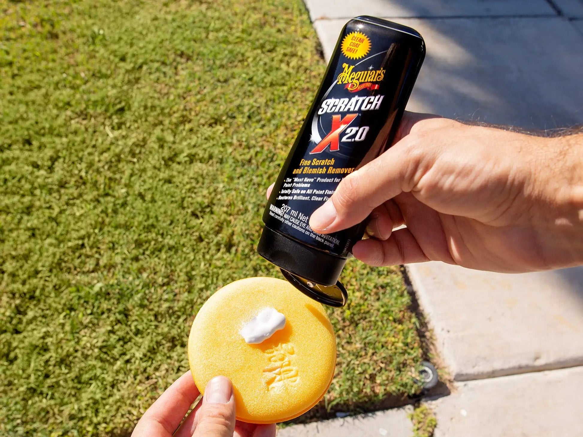 Scratch Remover For Car Paint That Eliminates Light Scratches And Swirls, Restores Clarity And High Gloss, Micro Abrasive Tech For Quick Fix Meguiars ScratchX 2.0 G10307C being applied to a foam applicator.